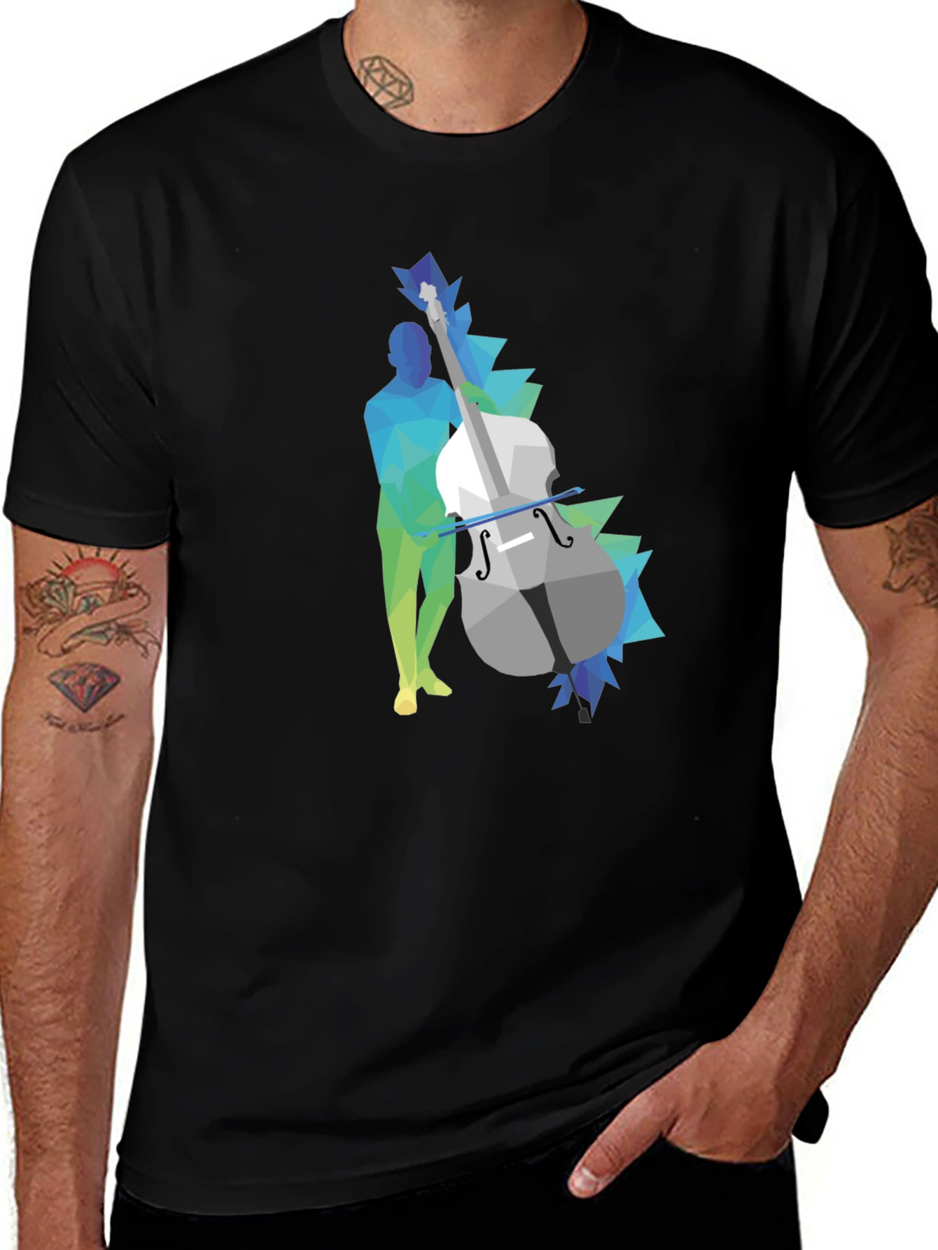 Geometric Bass Player Graphic Tee - Modern Art Style