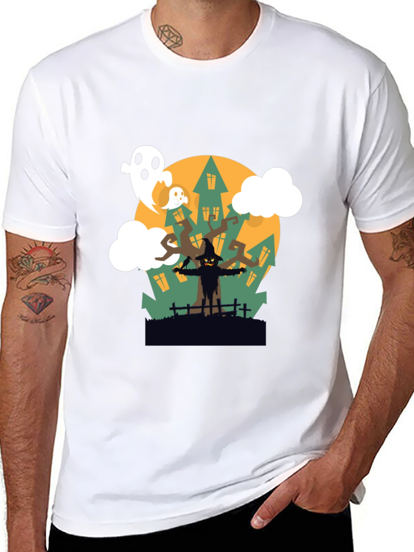 Halloween Scarecrow & Ghost Graphic Tee
