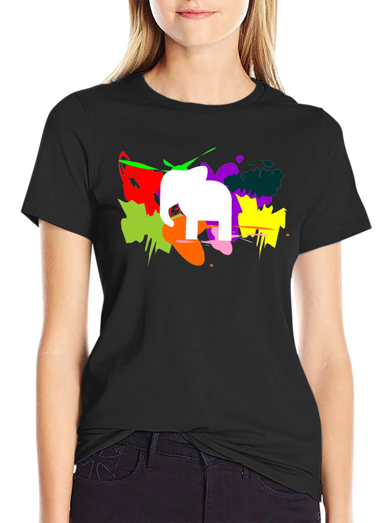Abstract Elephant Graphic Print Black T-Shirt
