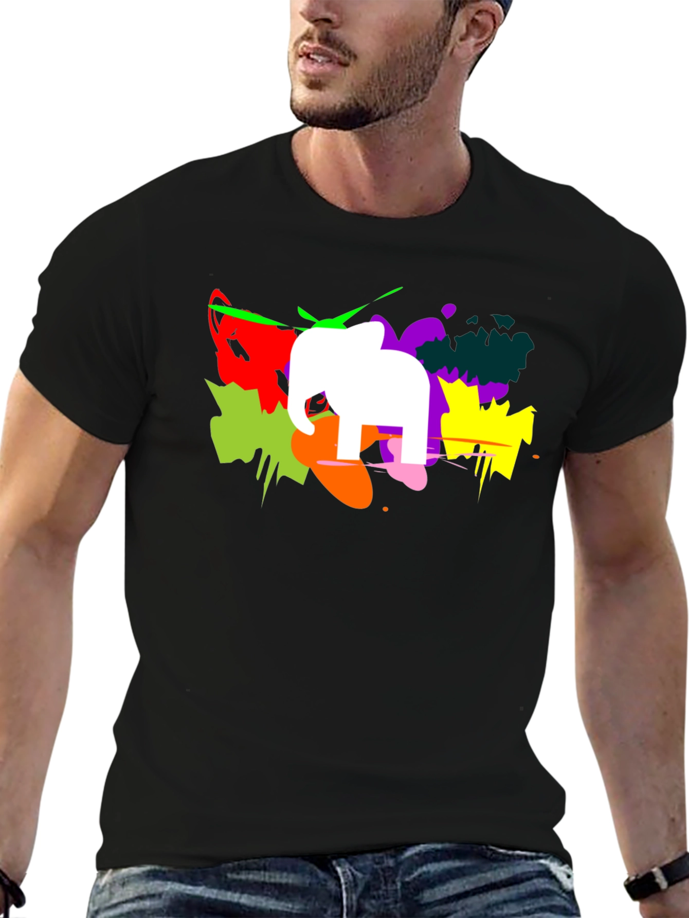 Abstract Elephant Graphic Print Black T-Shirt