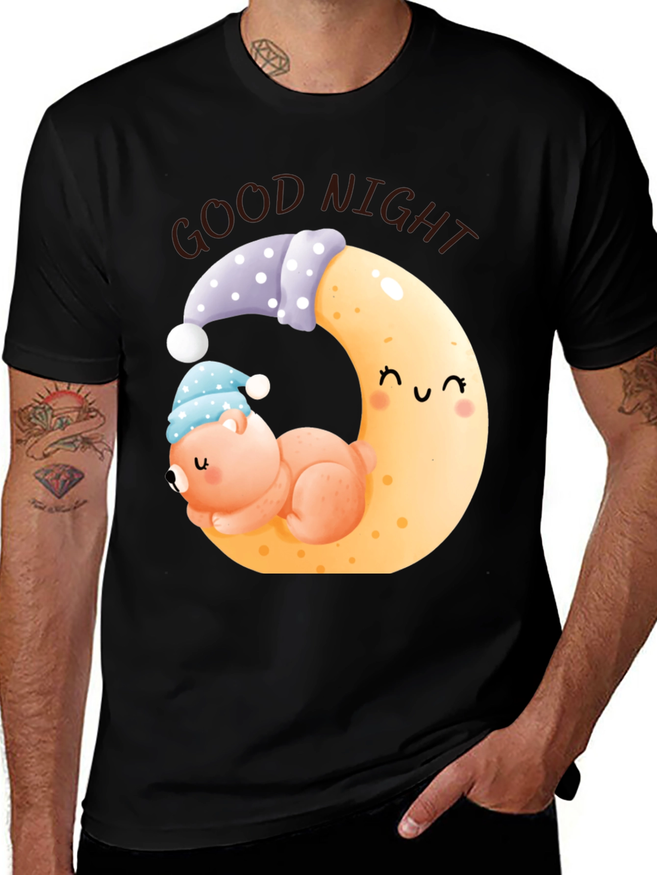 Good Night Bear Moon Graphic Black T-Shirt
