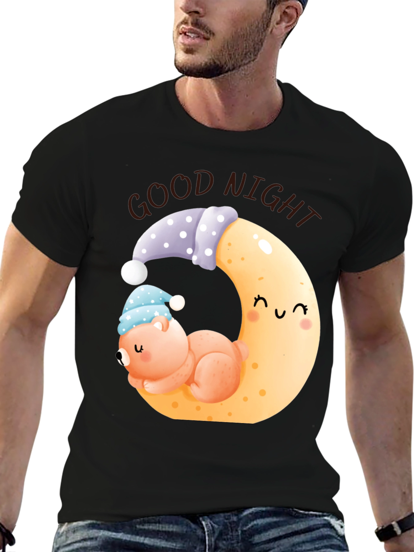 Good Night Bear Moon Graphic Black T-Shirt