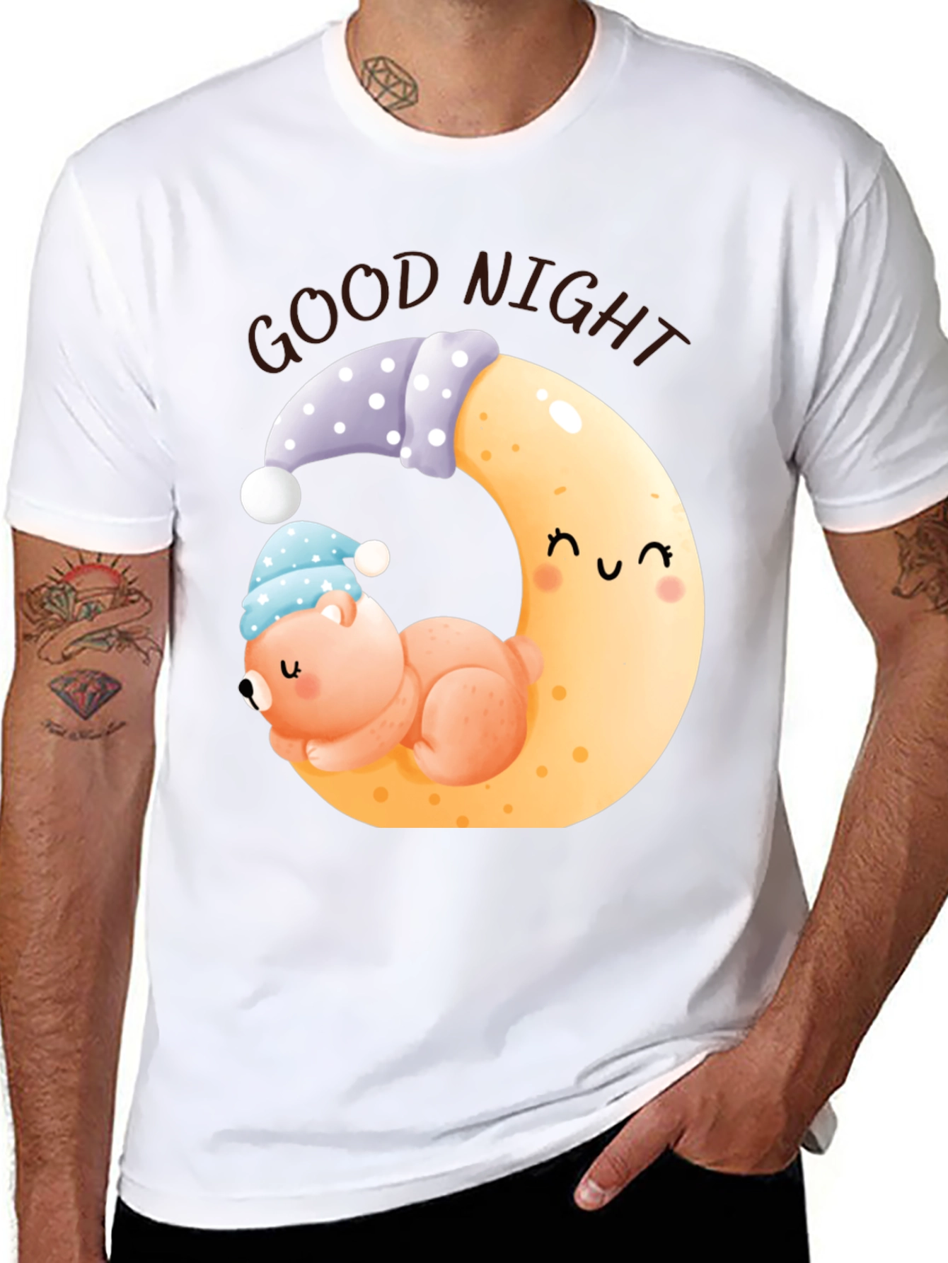 Good Night Bear Moon Graphic Black T-Shirt