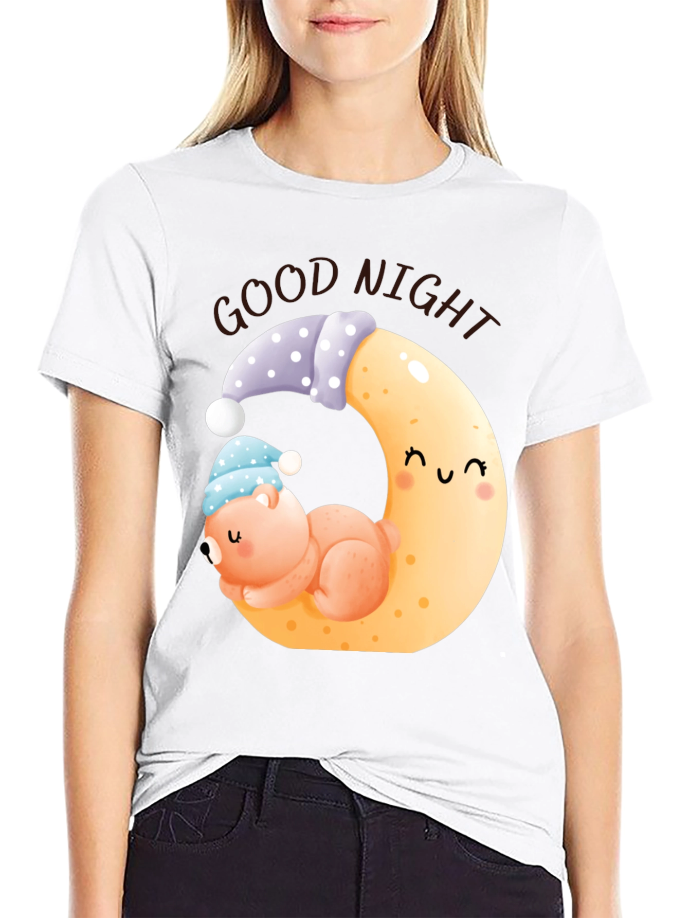 Good Night Bear Moon Graphic Black T-Shirt