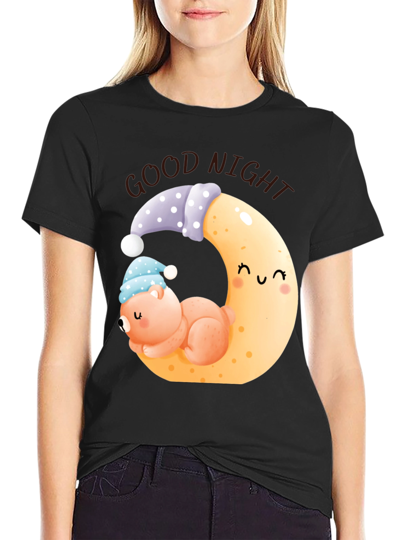Good Night Bear Moon Graphic Black T-Shirt