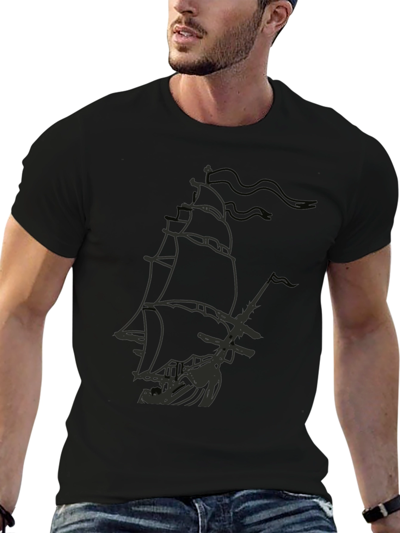 Black Pirate Ship Graphic T-Shirt