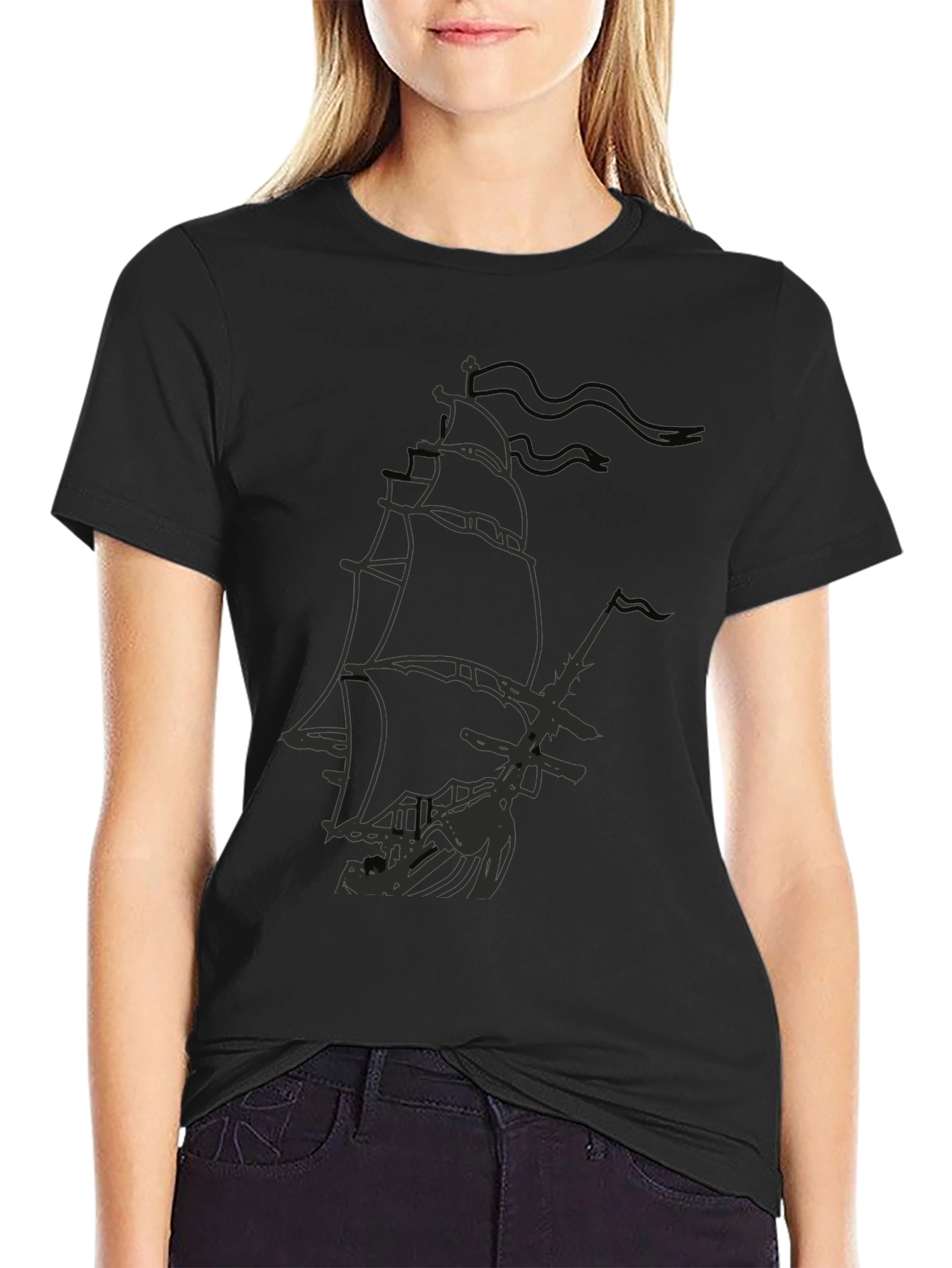 Black Pirate Ship Graphic T-Shirt