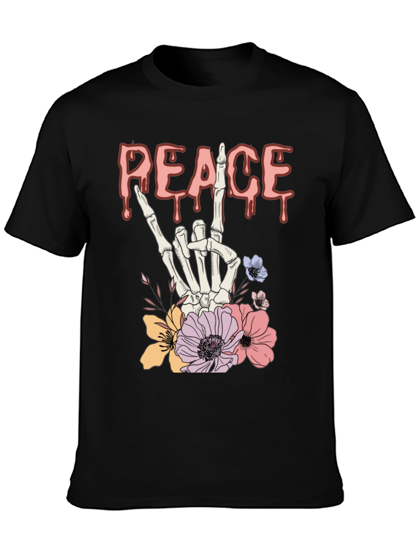 Peace Sign Skeleton Hand Floral Graphic T-Shirt