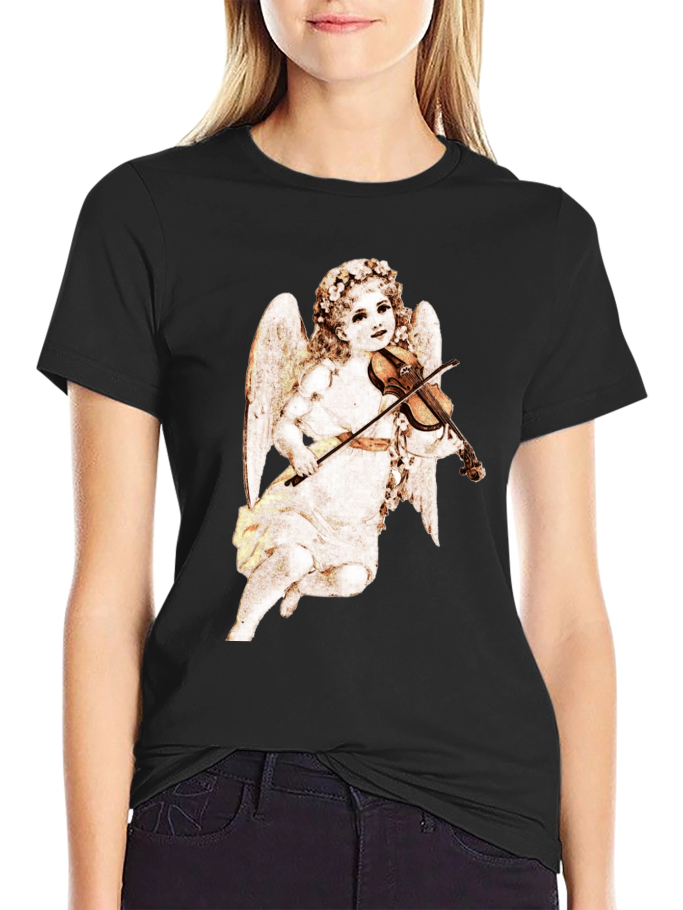 Cherub Playing Violin Black T-Shirt