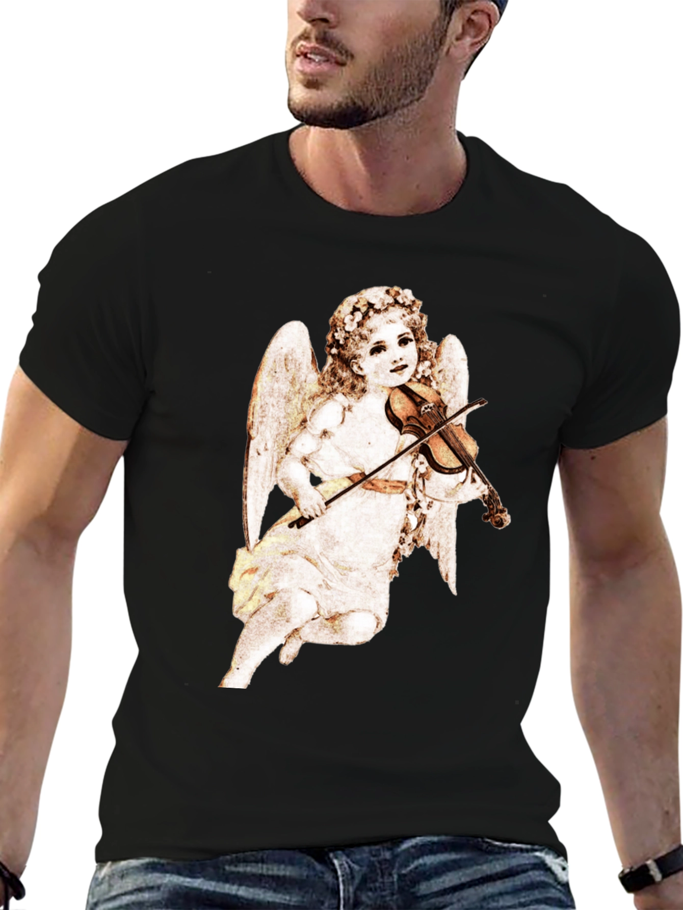 Cherub Playing Violin Black T-Shirt