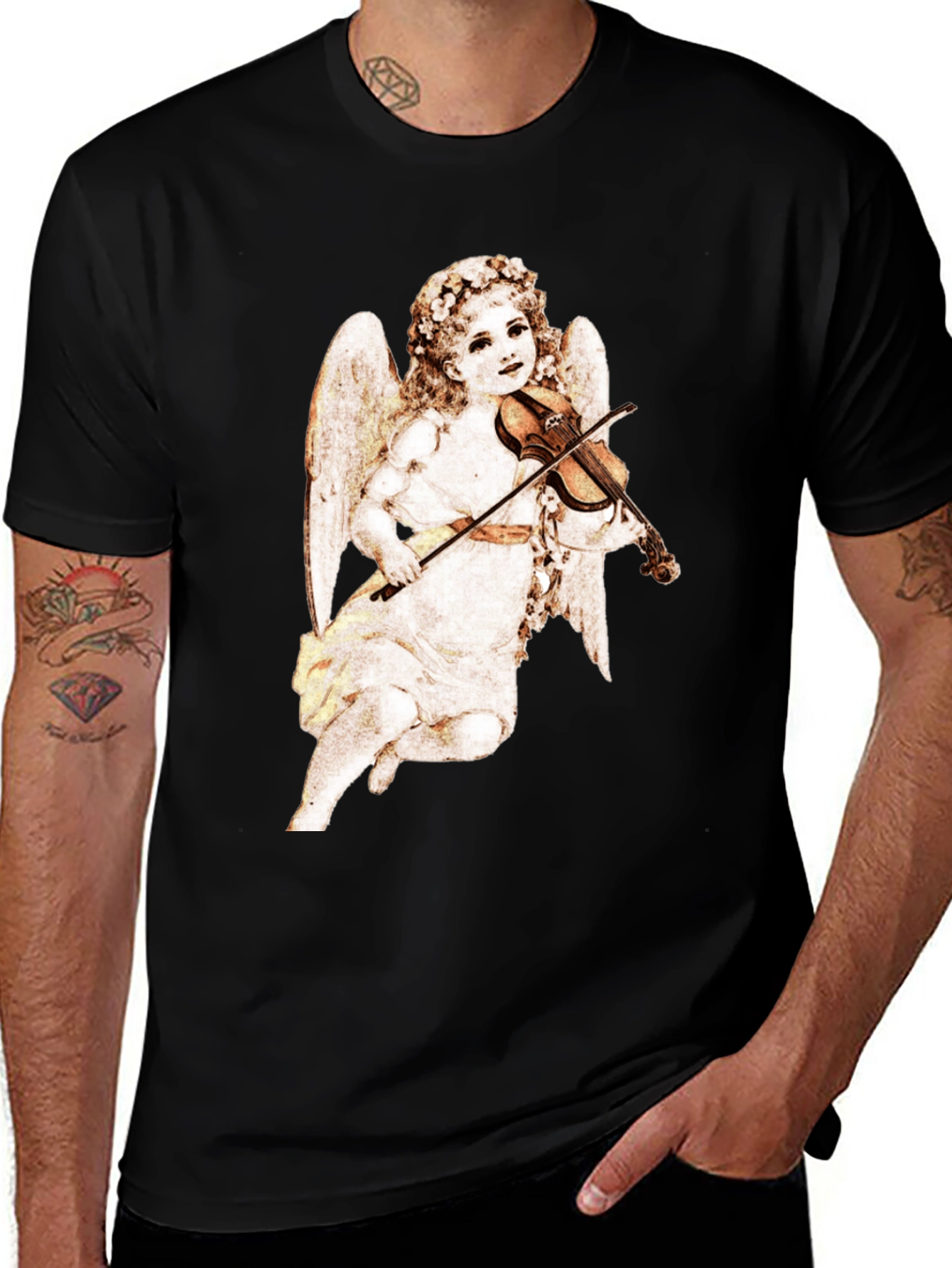 Cherub Playing Violin Black T-Shirt