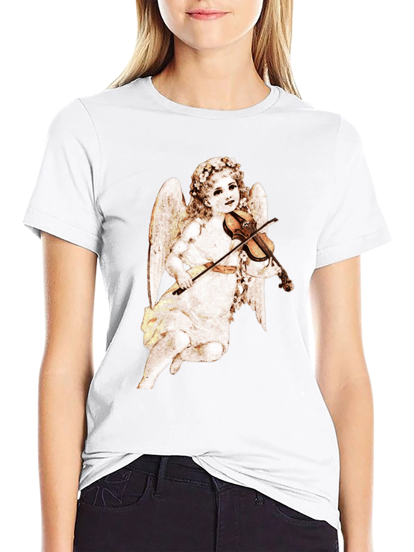 Cherub Playing Violin Black T-Shirt