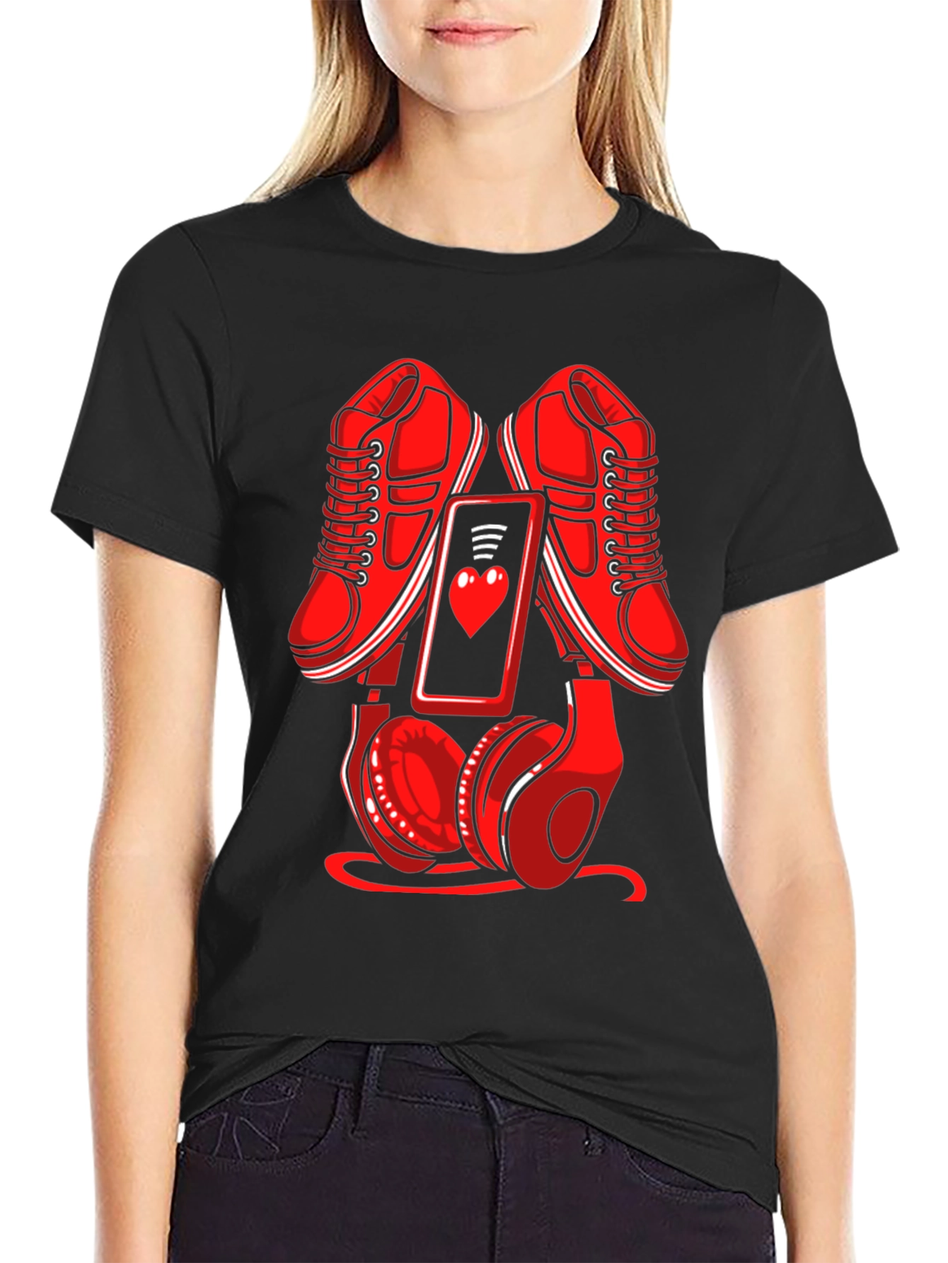 Red Sneakers Phone & Headphones Graphic T-Shirt