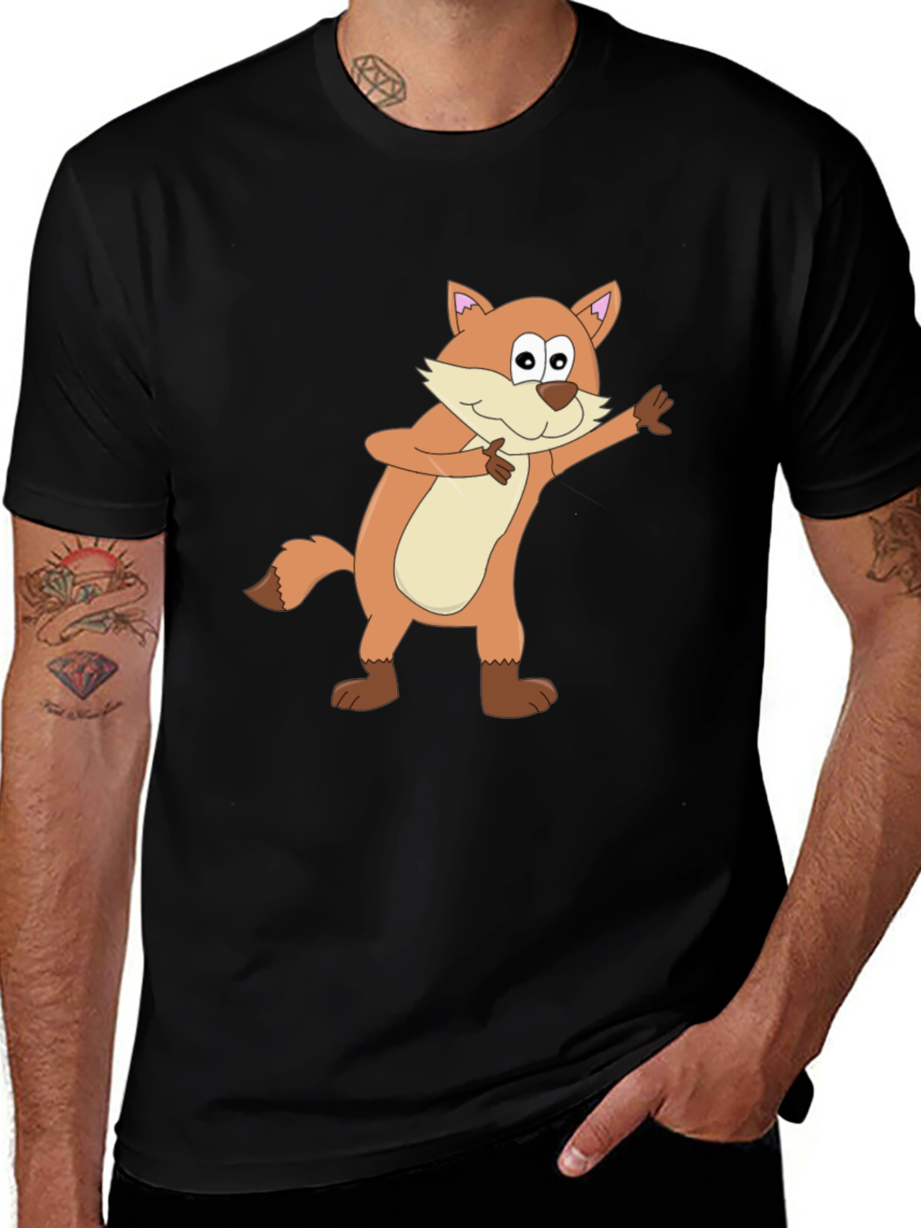 Cartoon Fox Graphic Black T-Shirt