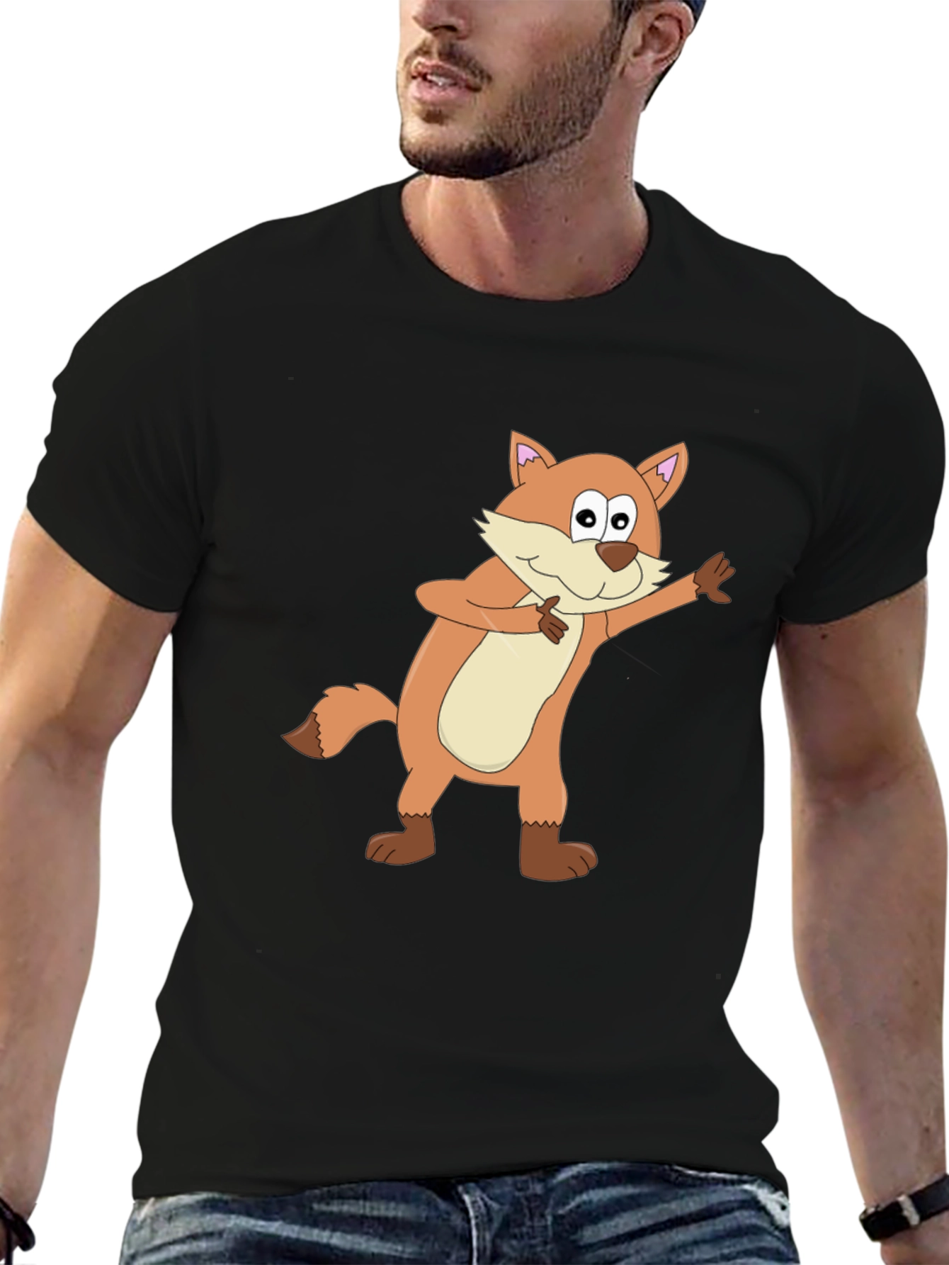 Cartoon Fox Graphic Black T-Shirt