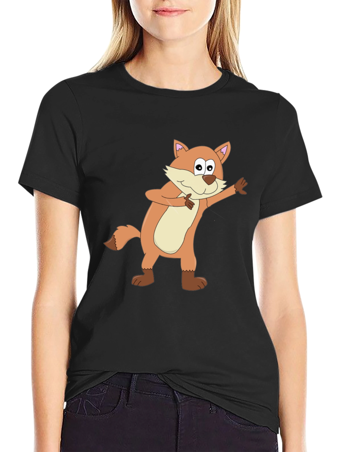 Cartoon Fox Graphic Black T-Shirt
