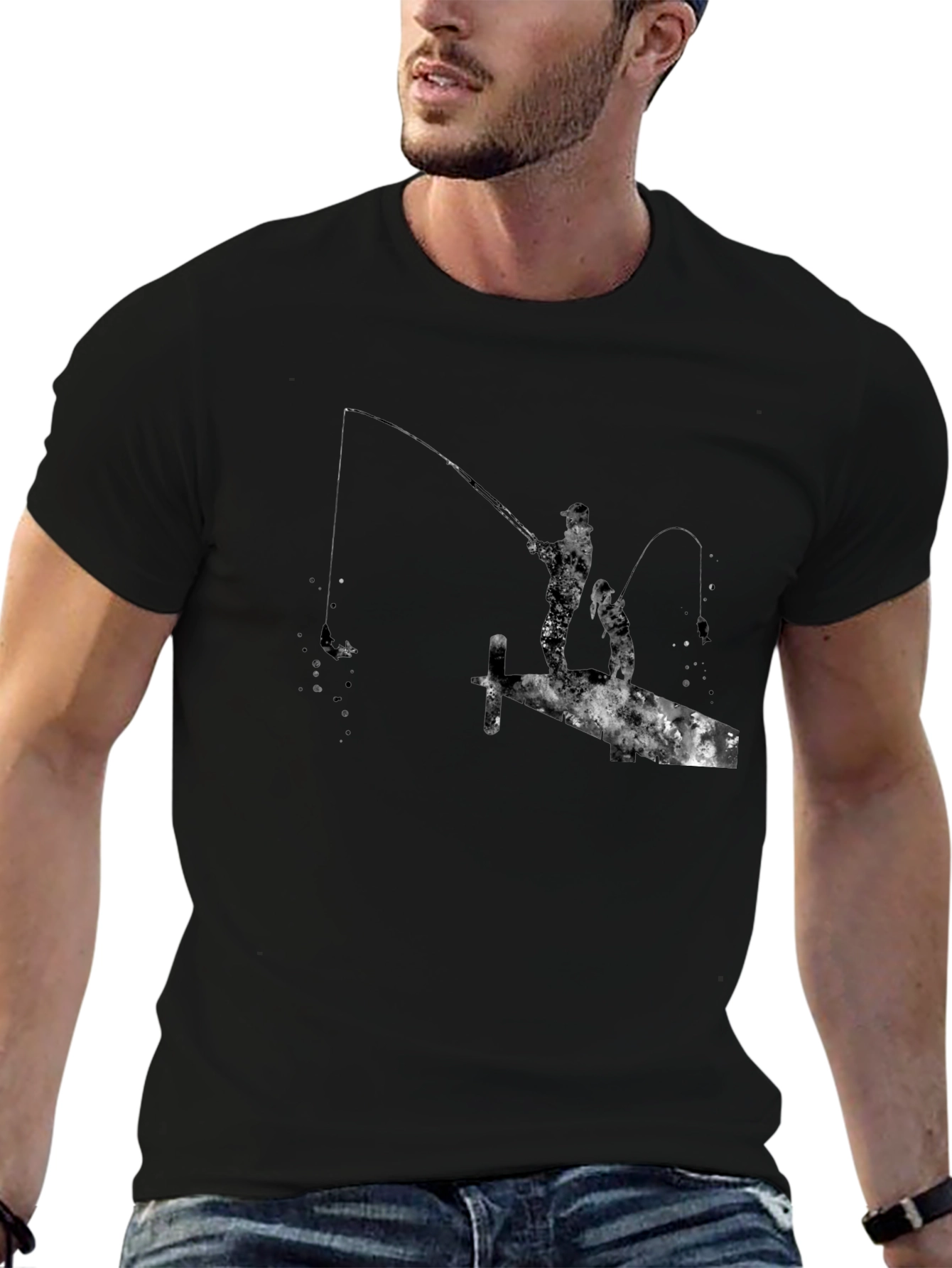 Fishing Silhouette Graphic Black T-Shirt