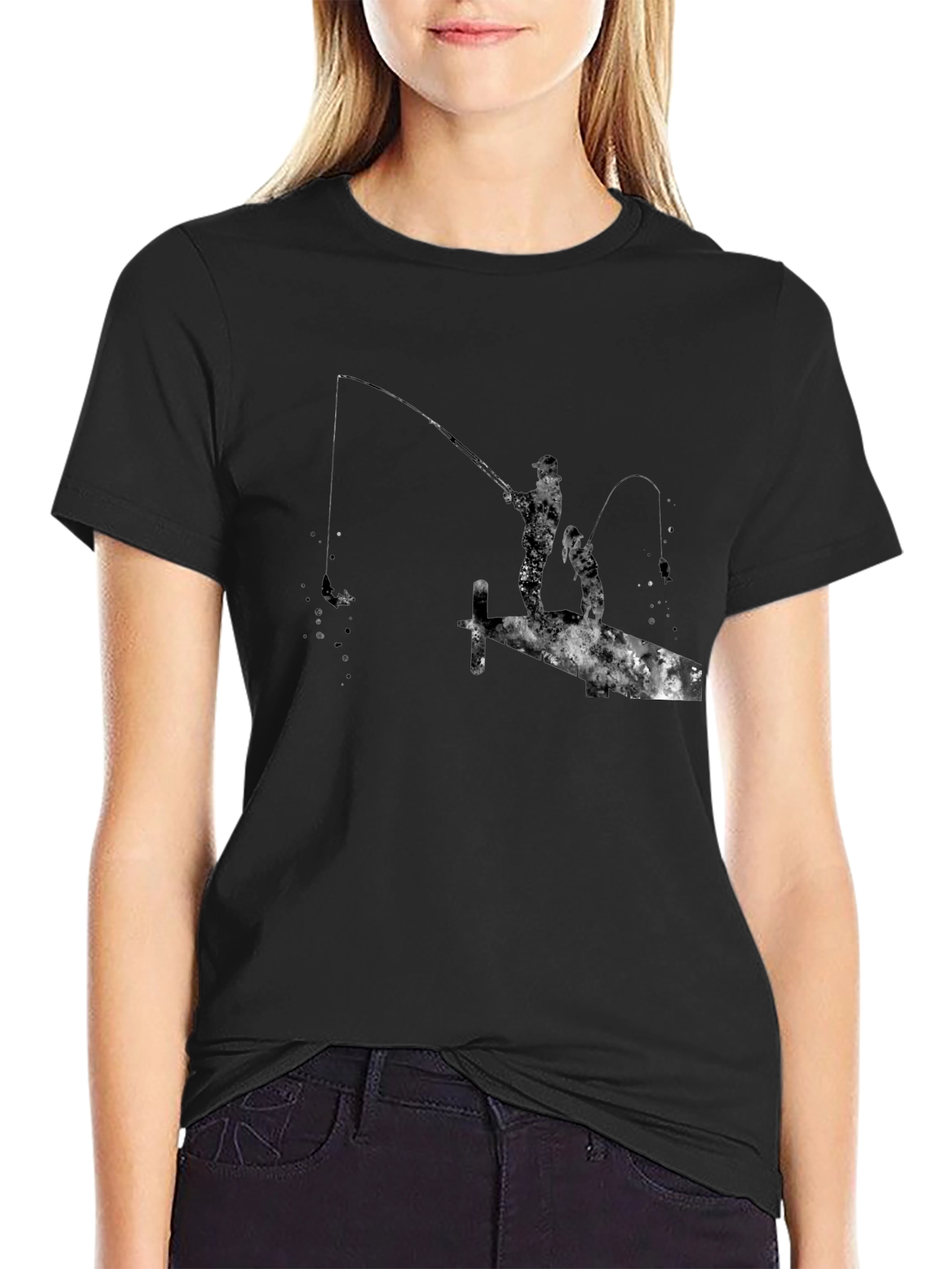 Fishing Silhouette Graphic Black T-Shirt