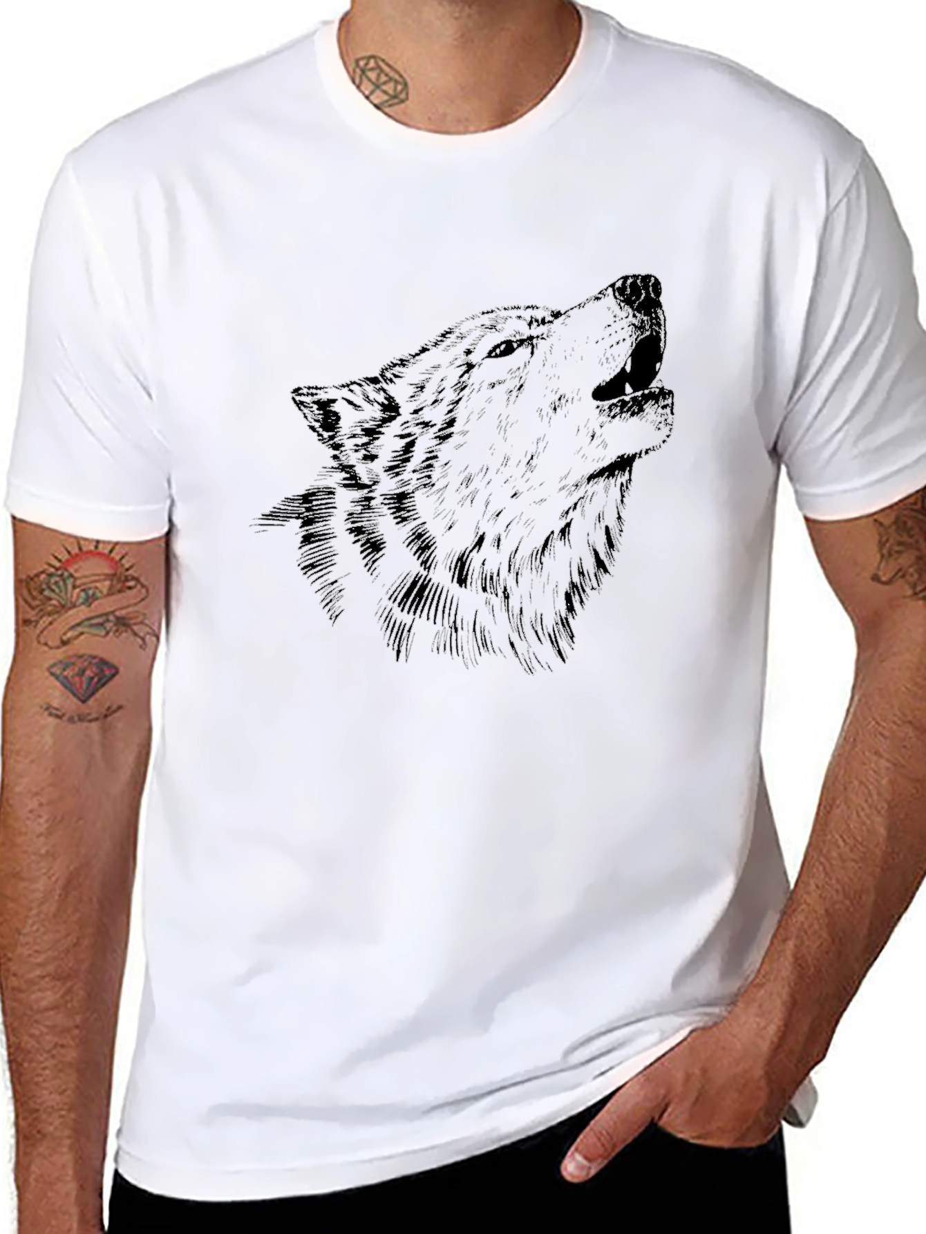 Mens Black Wolf Graphic Print Crew Neck T-Shirt