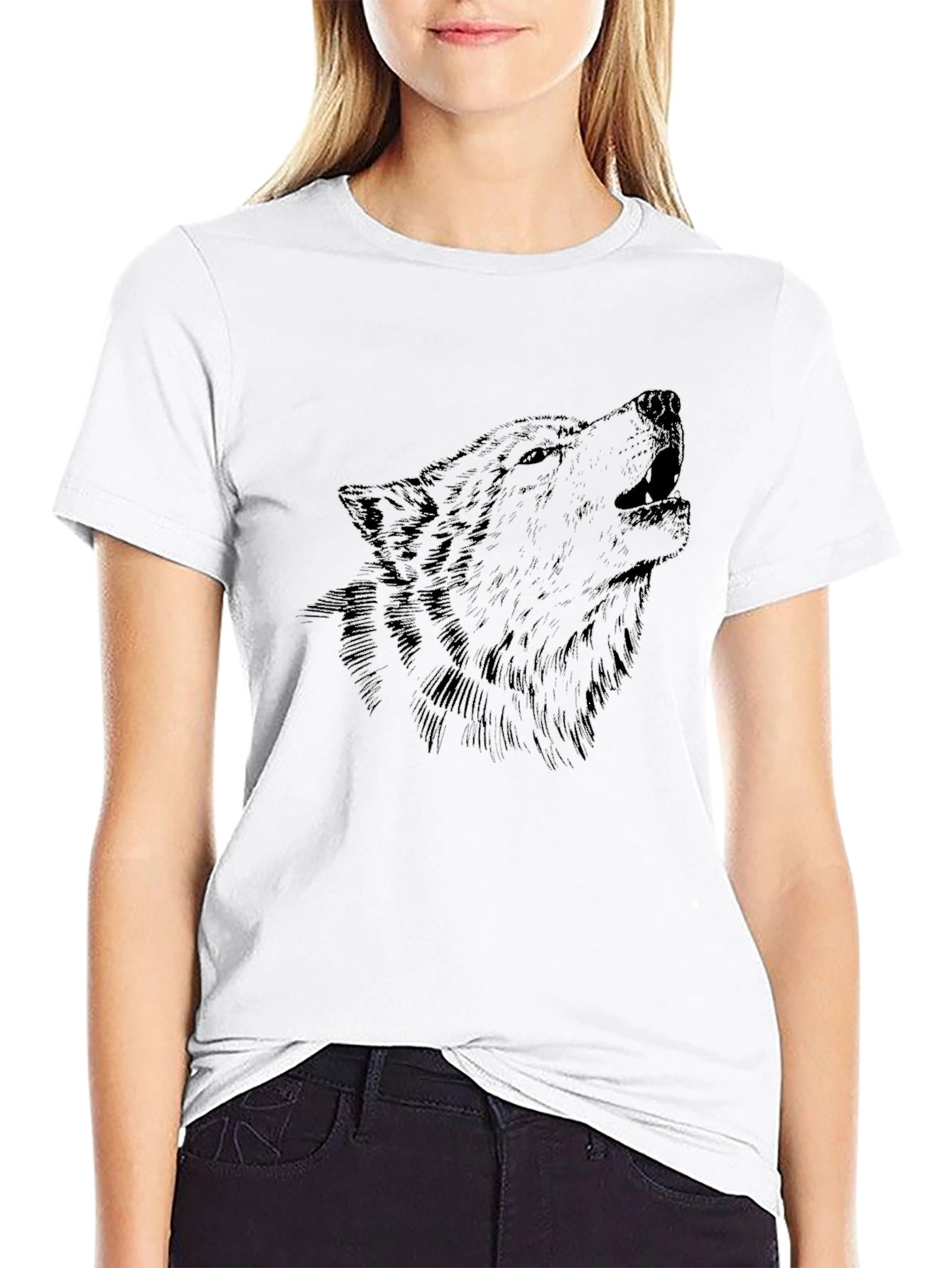 Mens Black Wolf Graphic Print Crew Neck T-Shirt