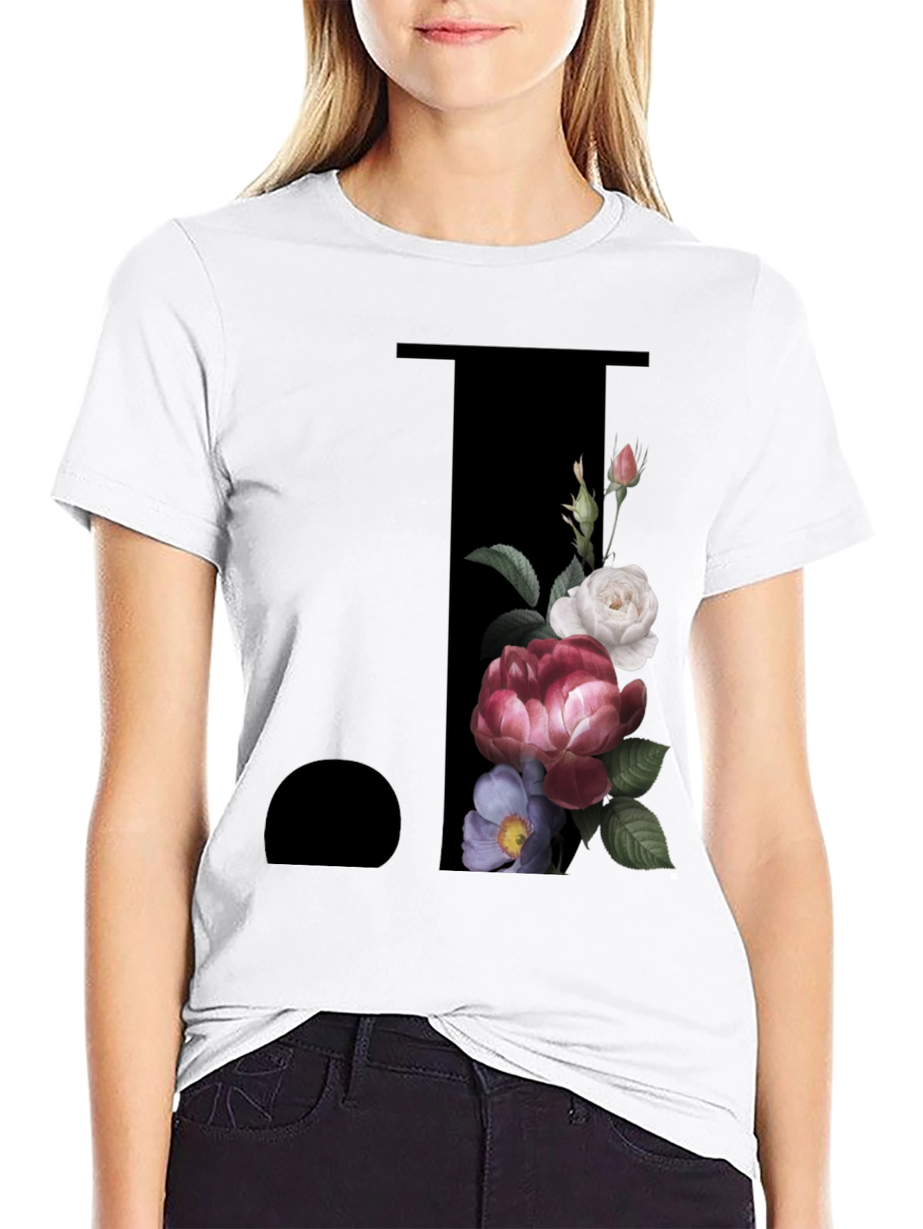 Floral Initial J Black T-Shirt