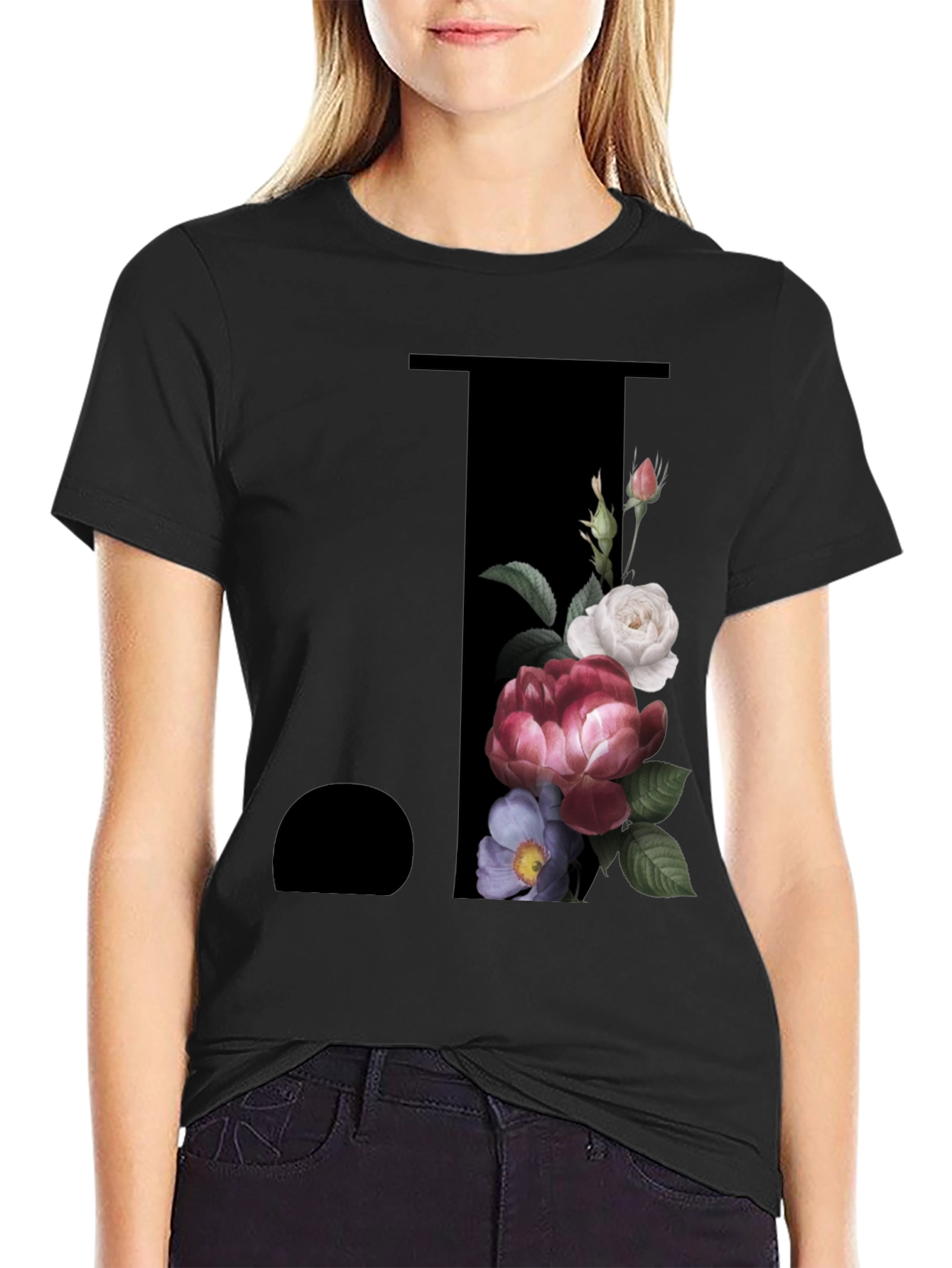 Floral Initial J Black T-Shirt