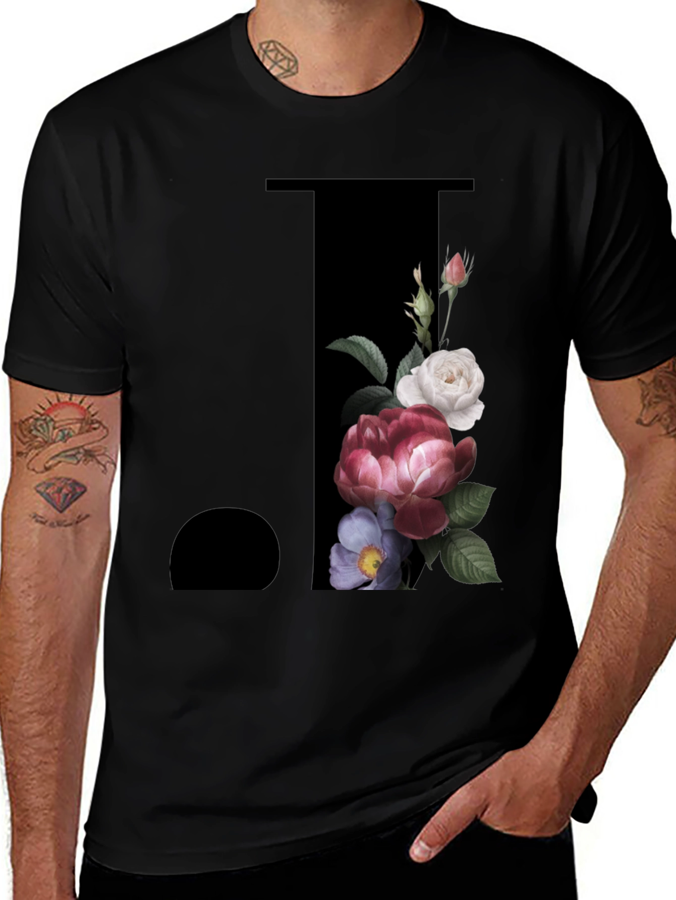 Floral Initial J Black T-Shirt
