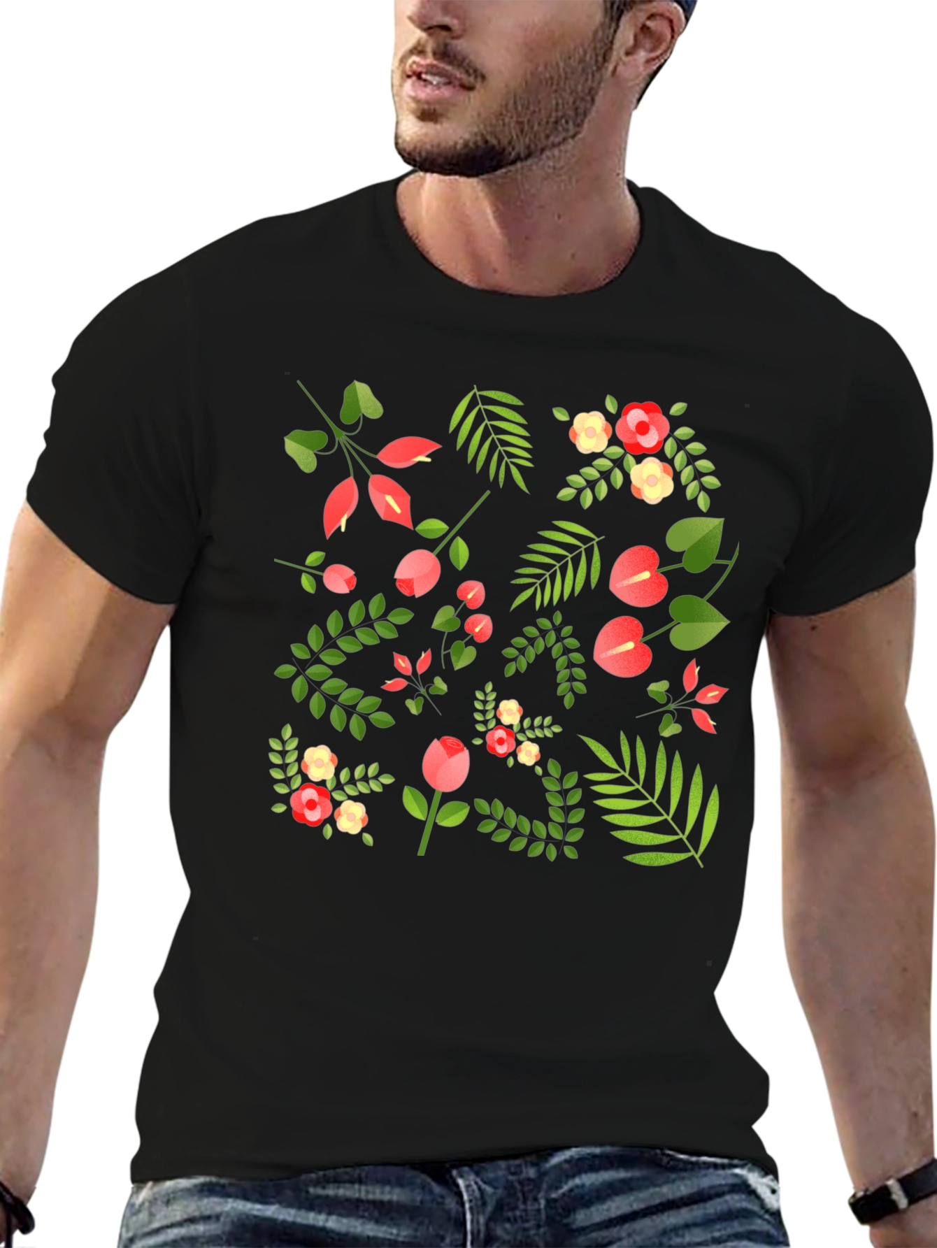 Floral Print Black T-Shirt - Stylish Mens Tee