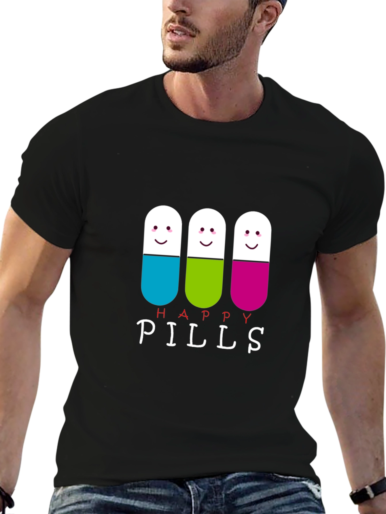 Happy Pills Graphic Tee - Black Cotton T-Shirt