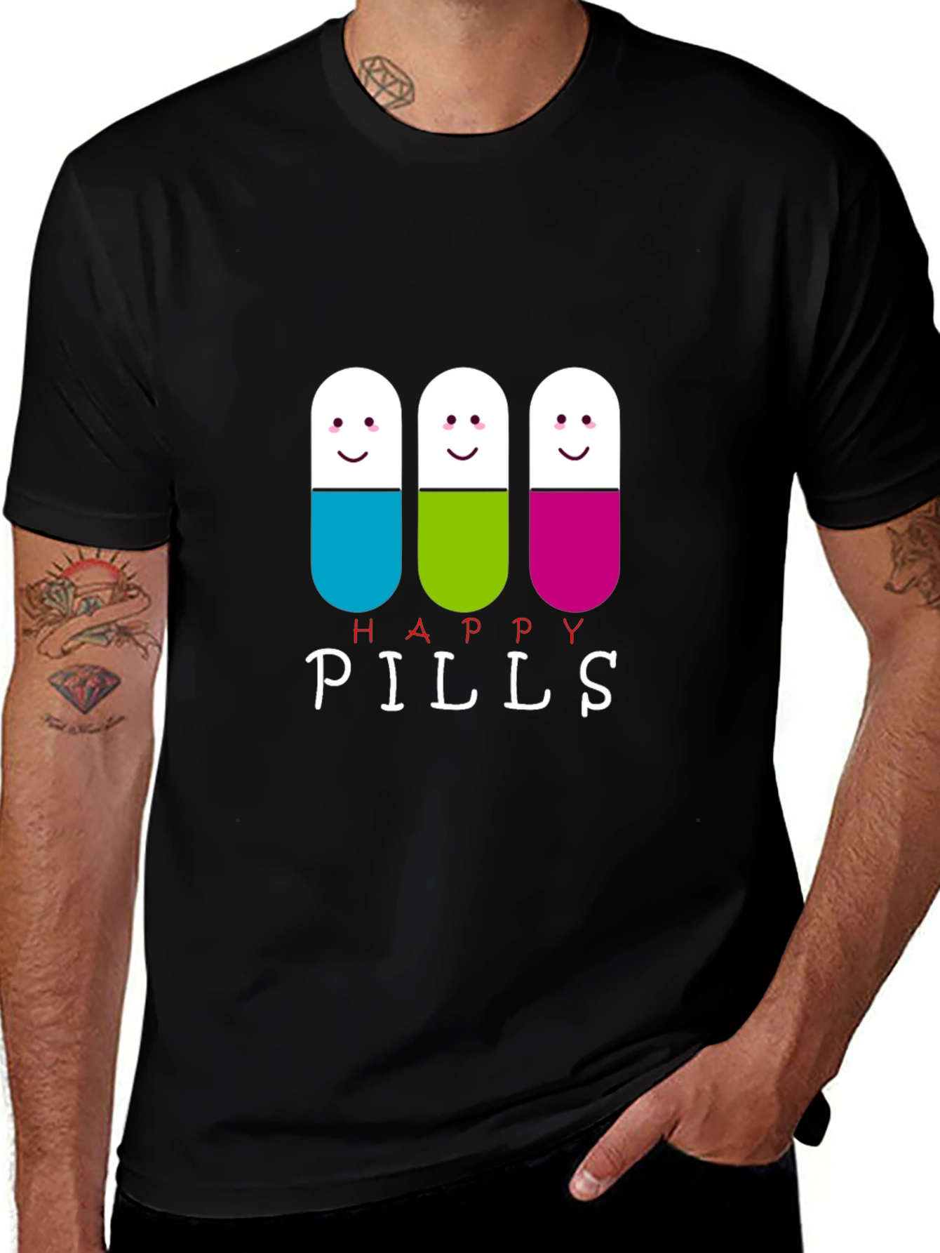 Happy Pills Graphic Tee - Black Cotton T-Shirt