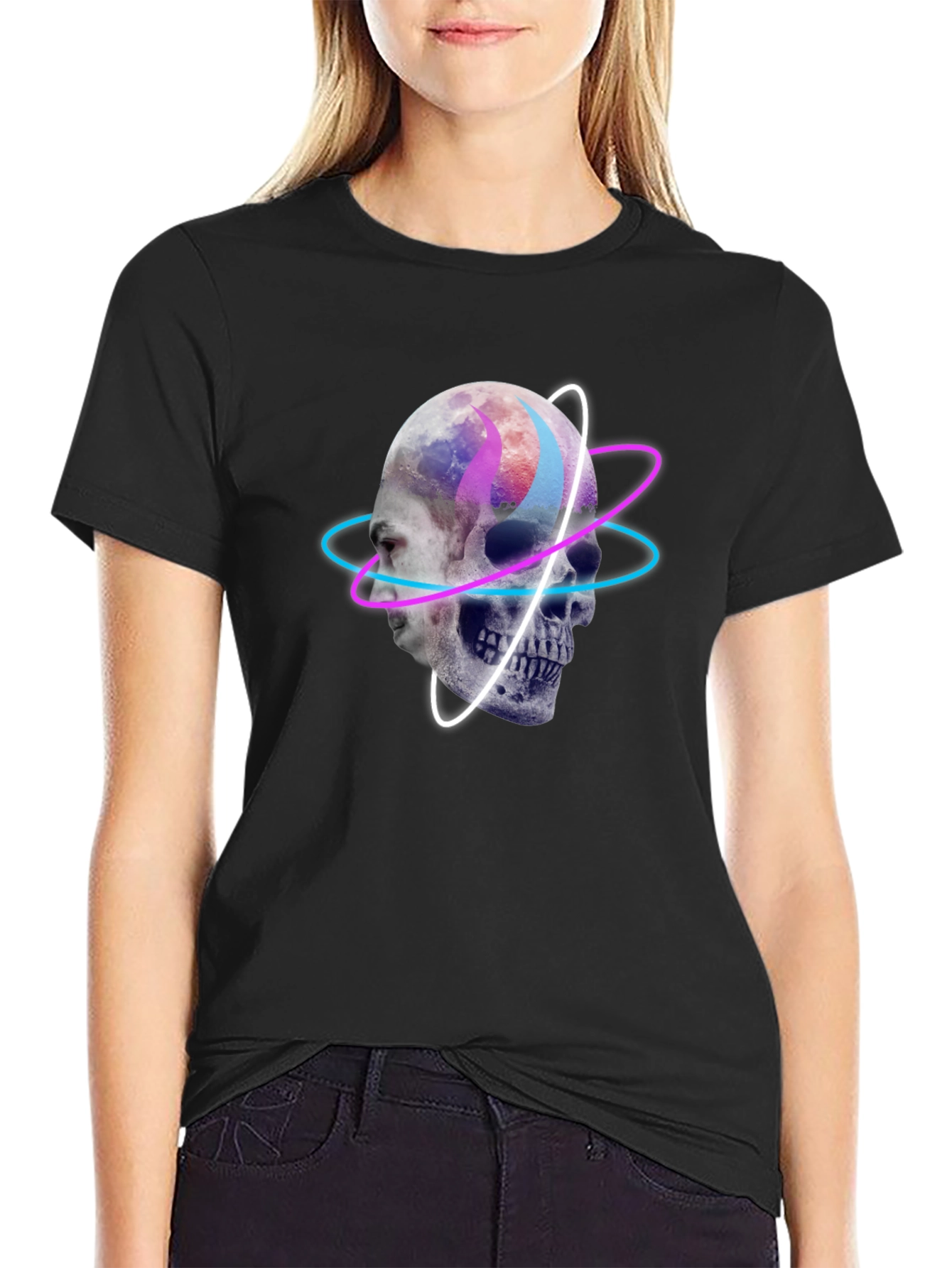 Skull & Face Graphic Print Black T-Shirt