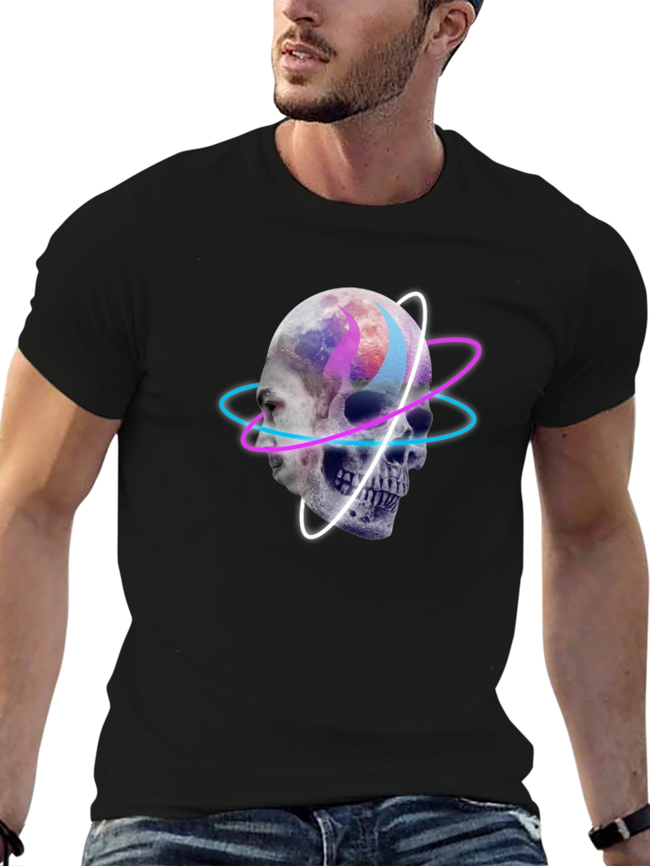 Skull & Face Graphic Print Black T-Shirt