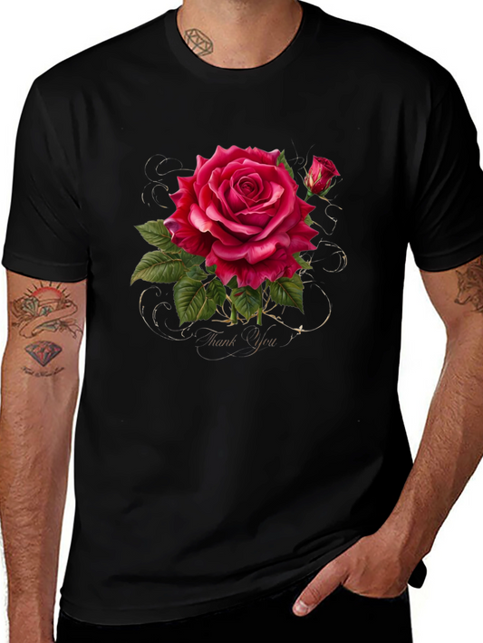 Red Rose Graphic Tee - Floral Design Black T-Shirt