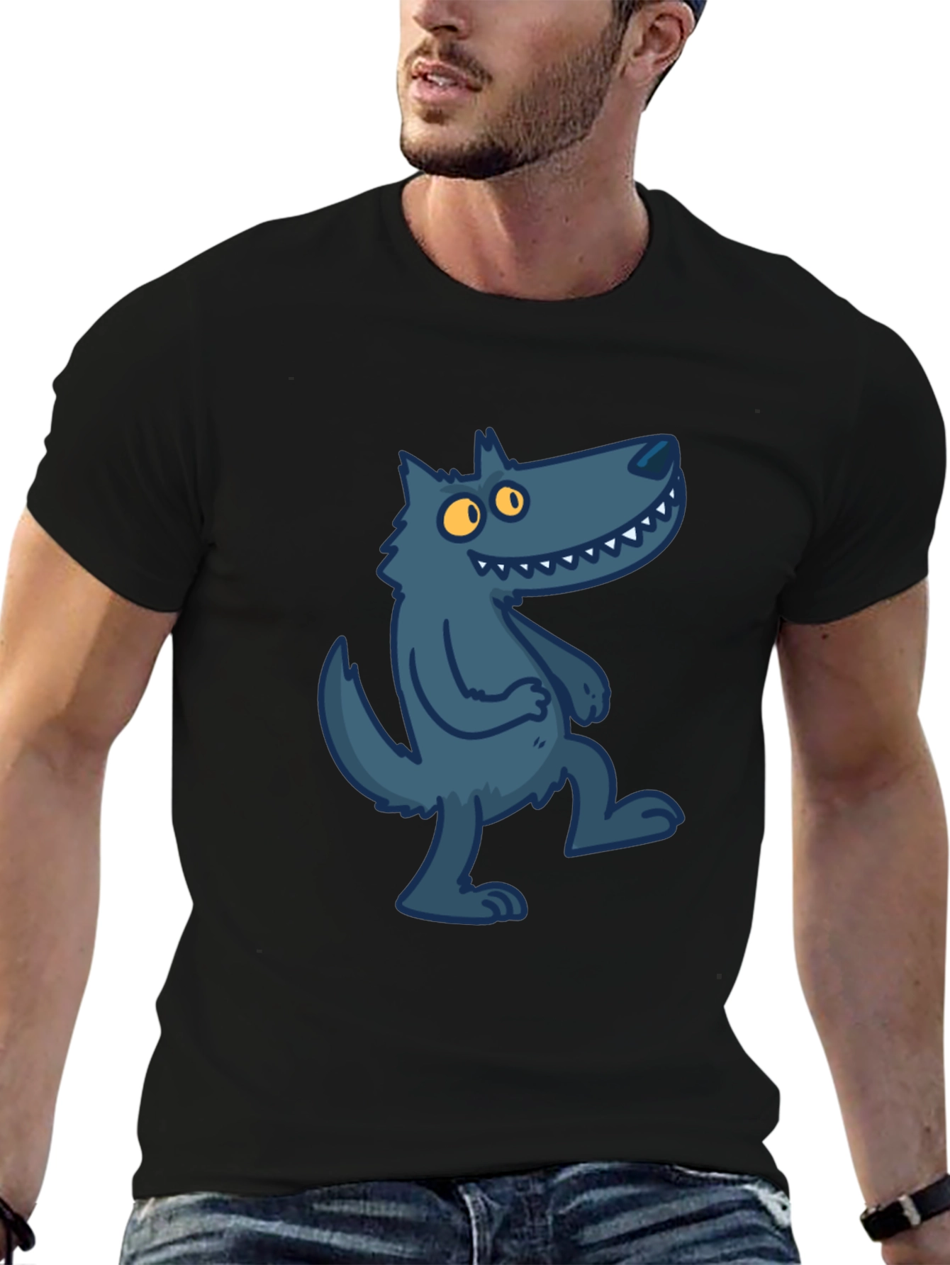 Cartoon Wolf Graphic Tee - Stylish Black T-Shirt