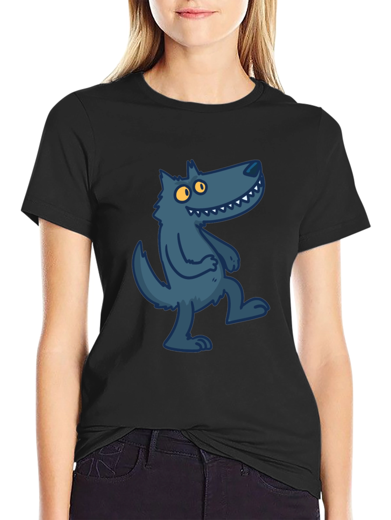 Cartoon Wolf Graphic Tee - Stylish Black T-Shirt