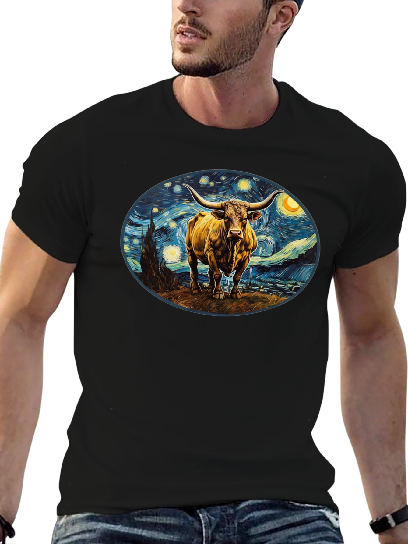 Starry Night Bull Black T-Shirt