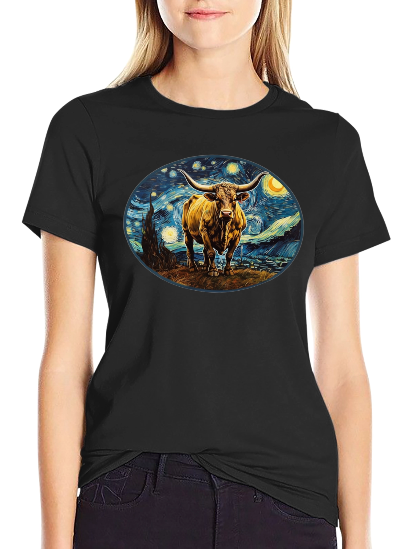 Starry Night Bull Black T-Shirt