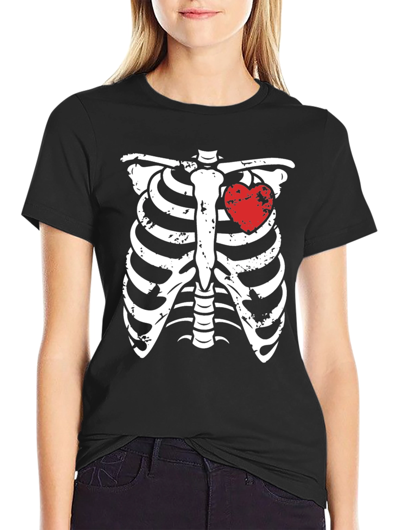 Skeleton Rib Cage with Heart Graphic T-Shirt