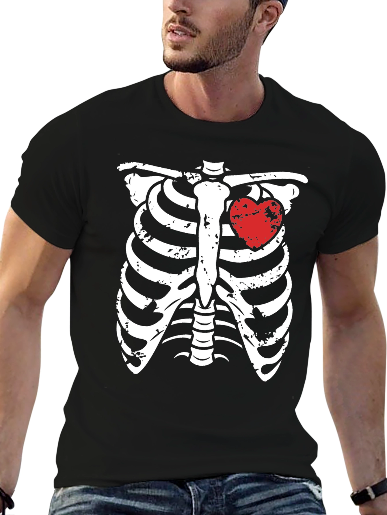 Skeleton Rib Cage with Heart Graphic T-Shirt