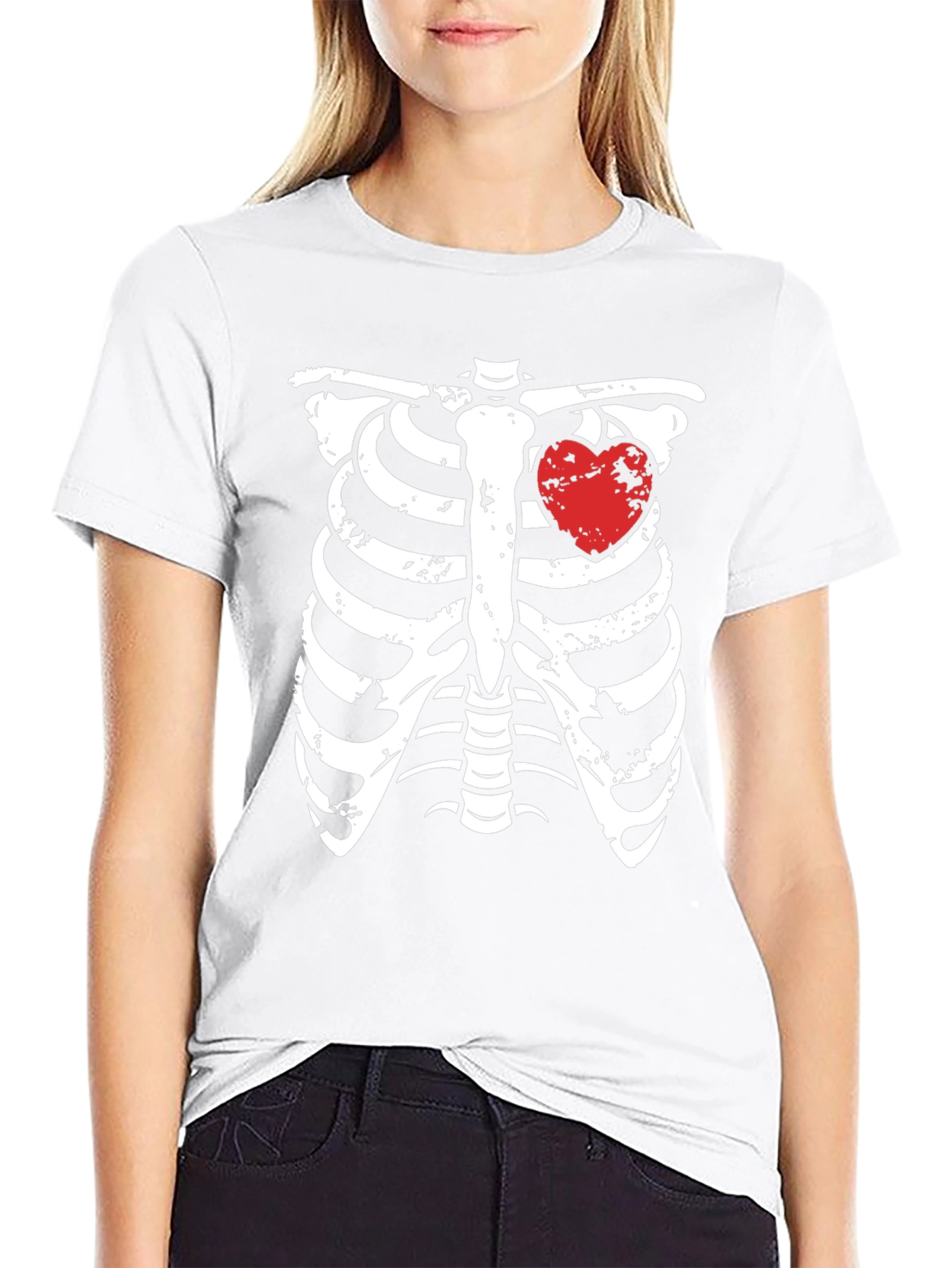 Skeleton Rib Cage with Heart Graphic T-Shirt