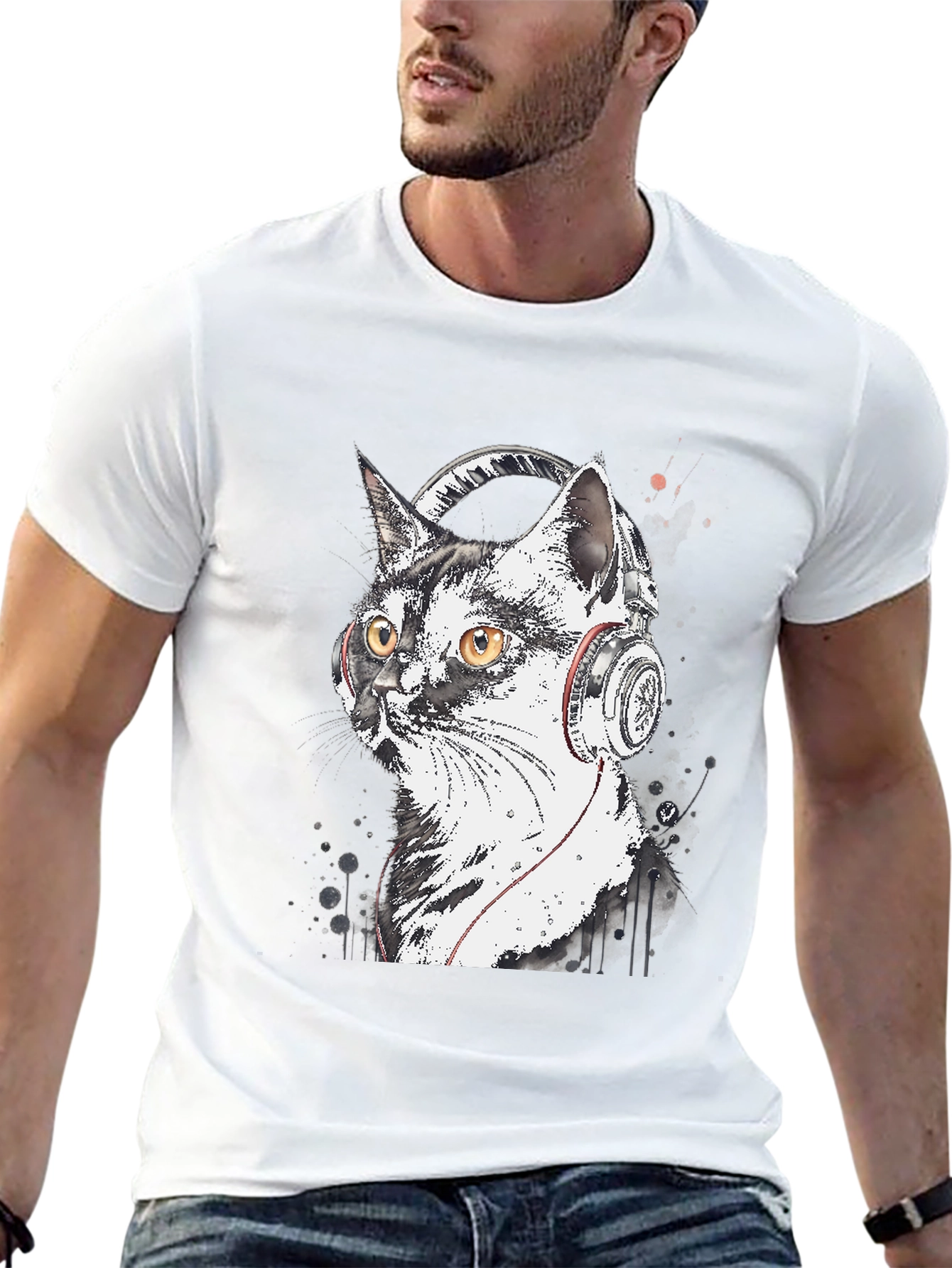 Cool Cat Headphones Graphic T-Shirt - Black