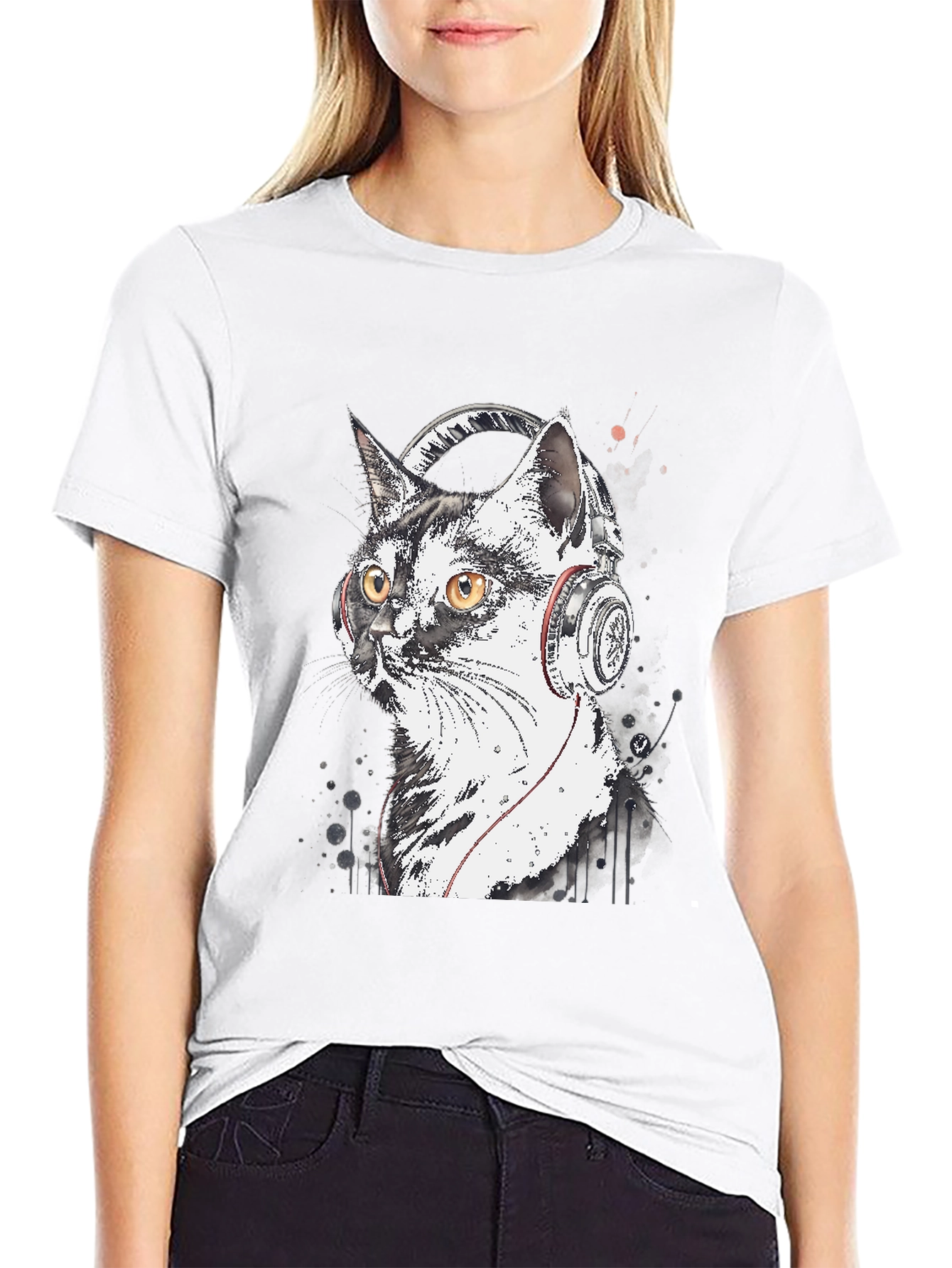 Cool Cat Headphones Graphic T-Shirt - Black