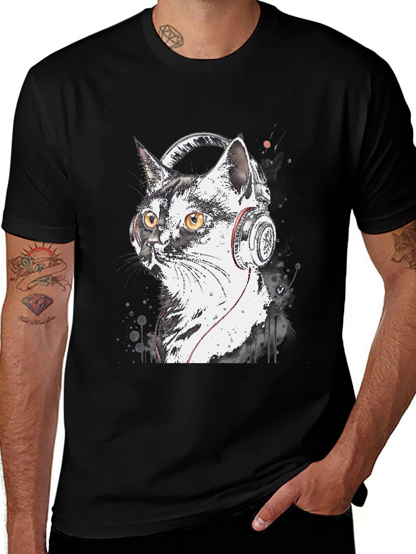 Cool Cat Headphones Graphic T-Shirt - Black