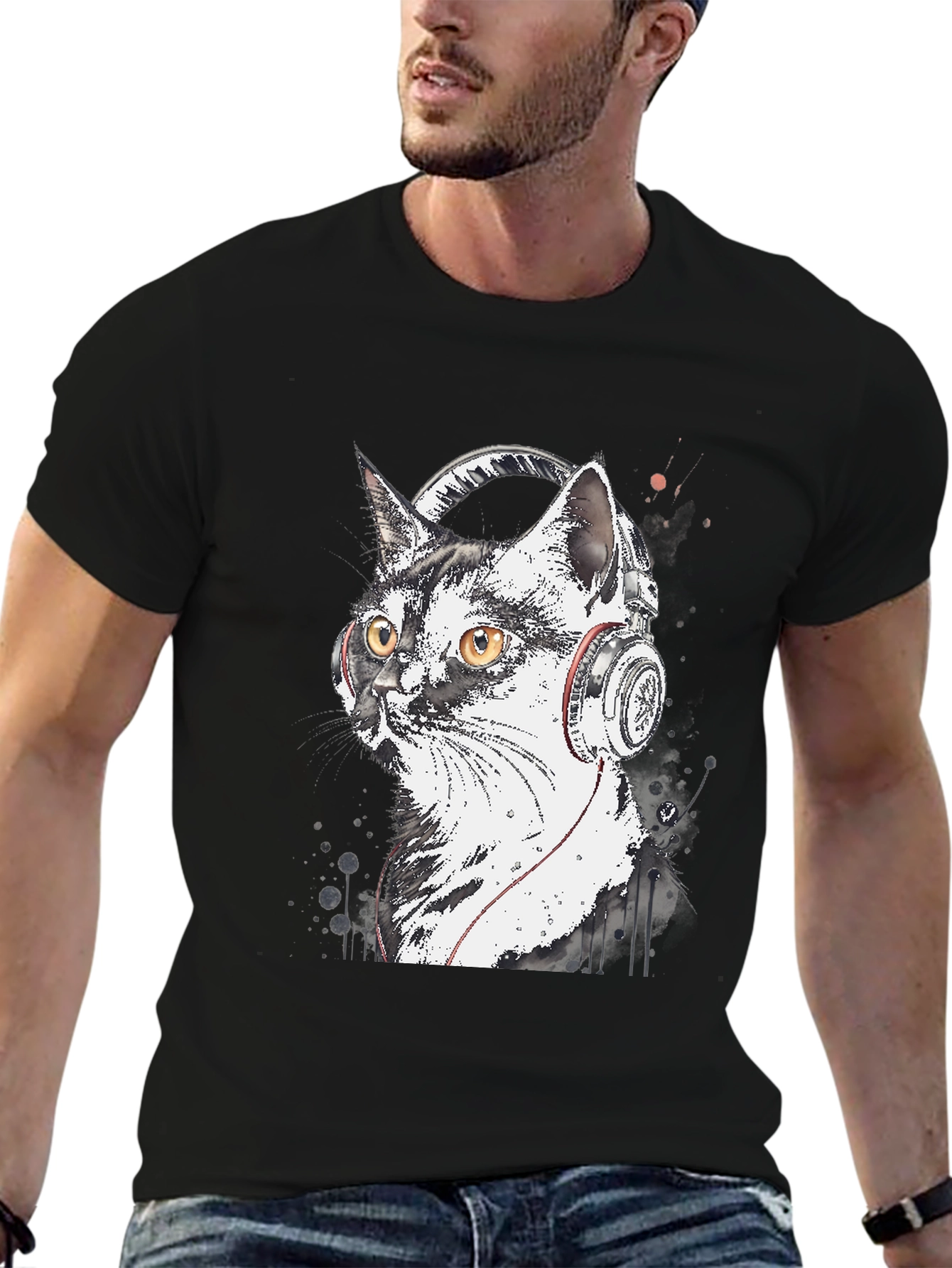 Cool Cat Headphones Graphic T-Shirt - Black
