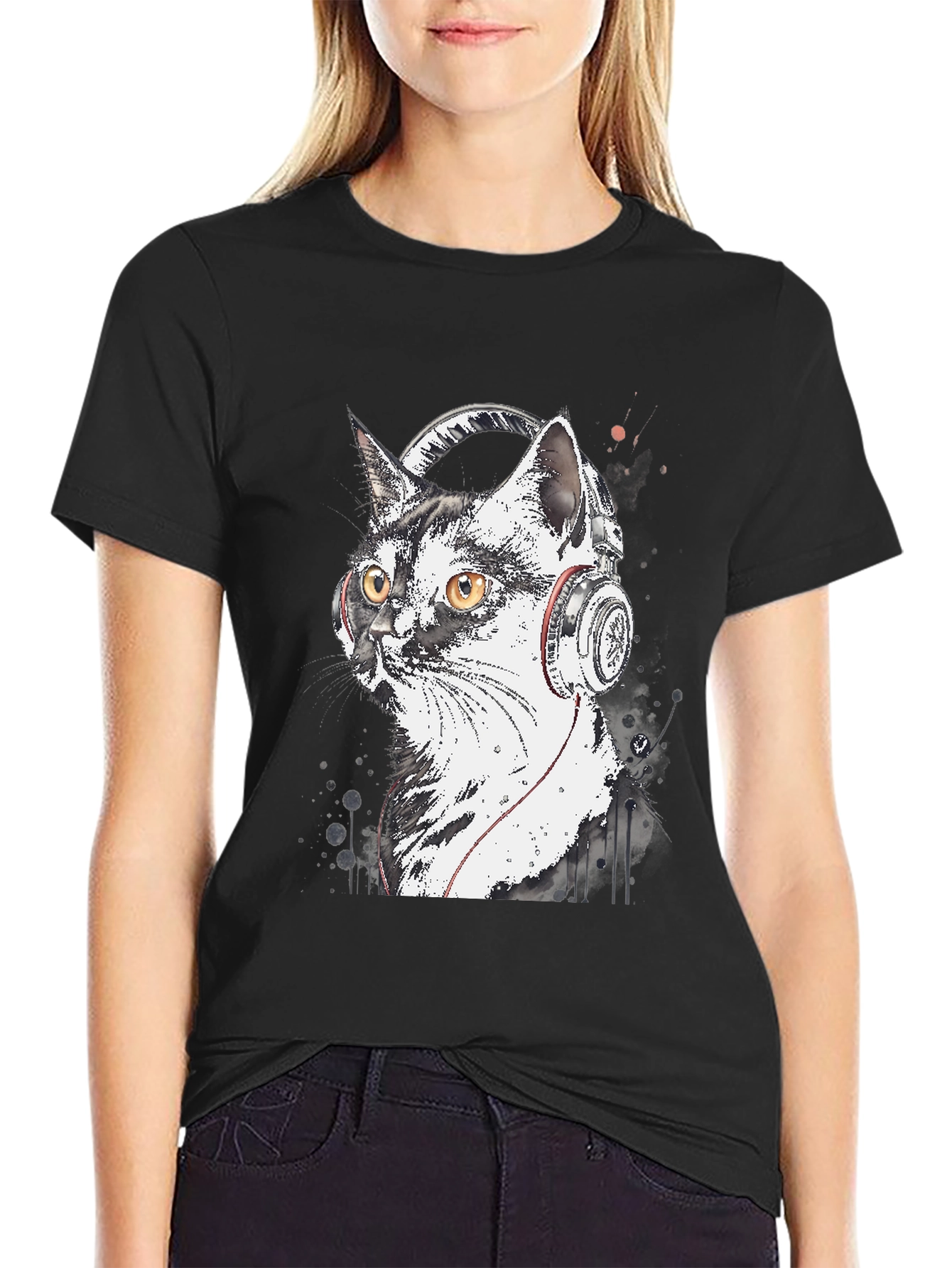 Cool Cat Headphones Graphic T-Shirt - Black