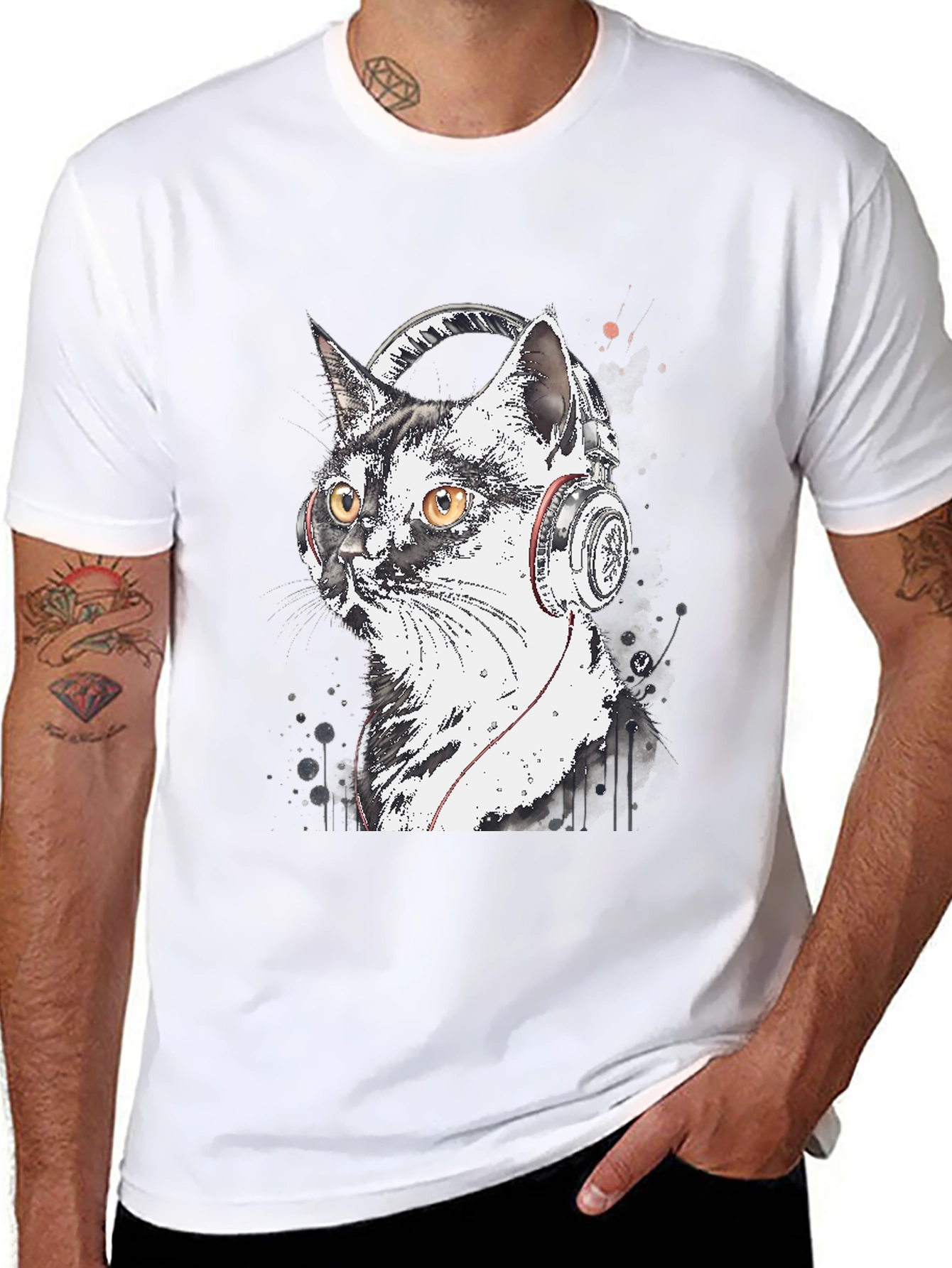 Cool Cat Headphones Graphic T-Shirt - Black