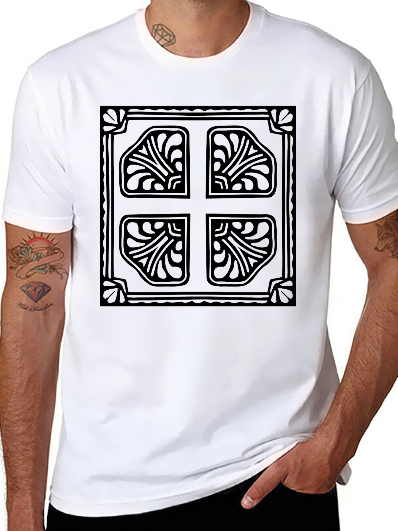 Elegant Black T-Shirt with Ornate Cross Design