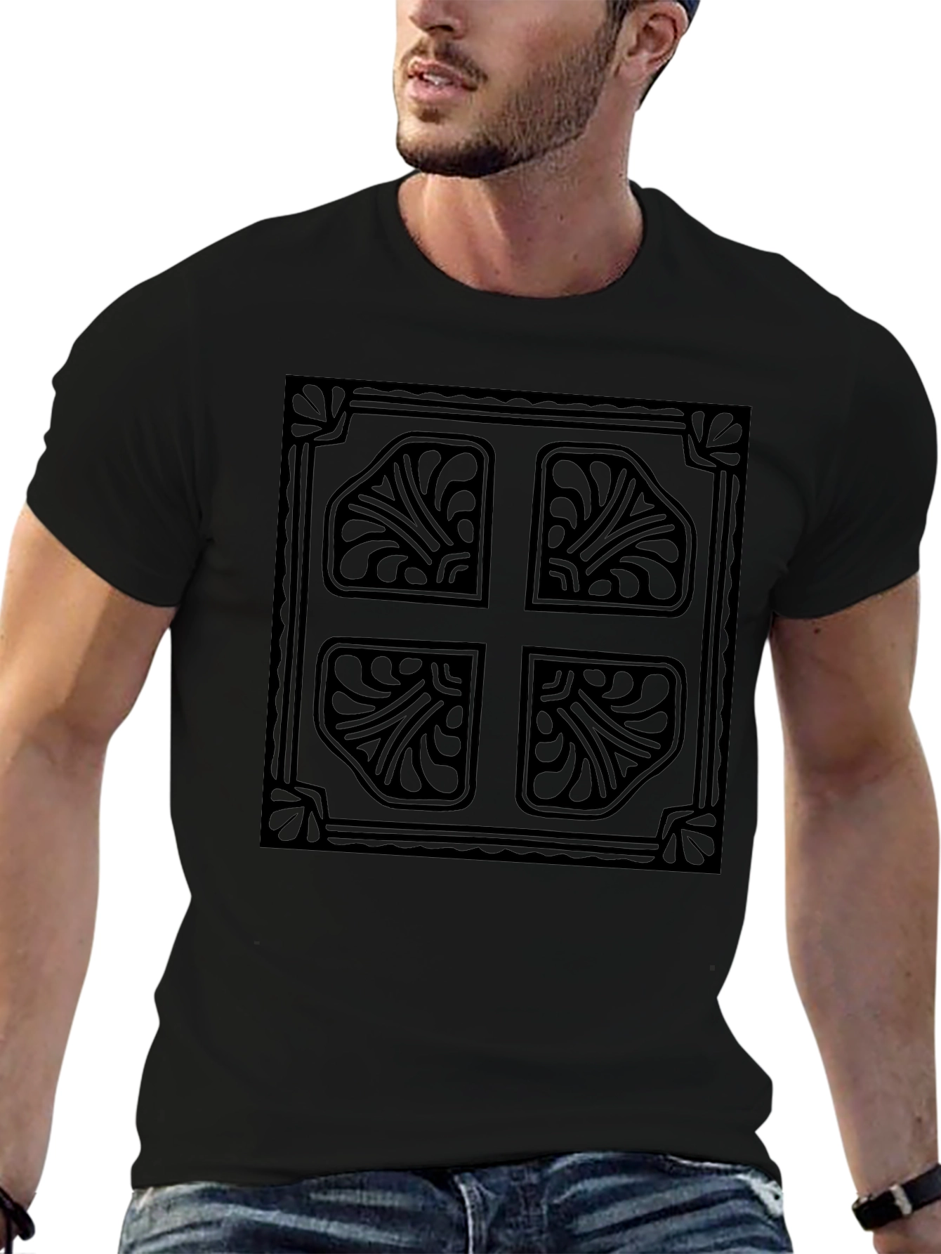 Elegant Black T-Shirt with Ornate Cross Design