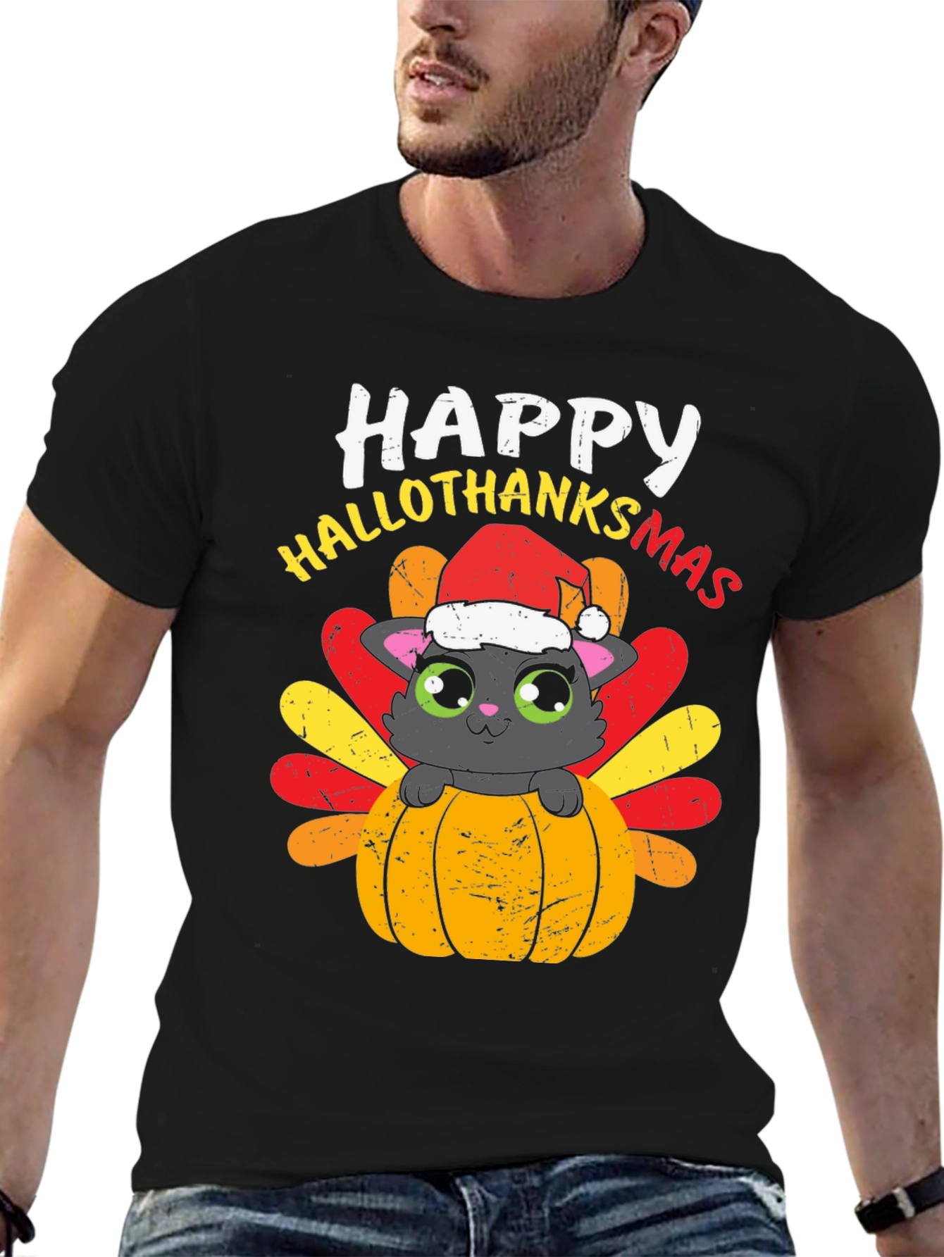 Happy Hallothanksmas Cat Turkey T-Shirt