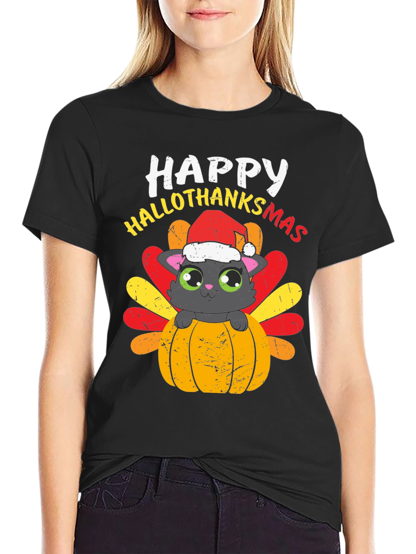 Happy Hallothanksmas Cat Turkey T-Shirt